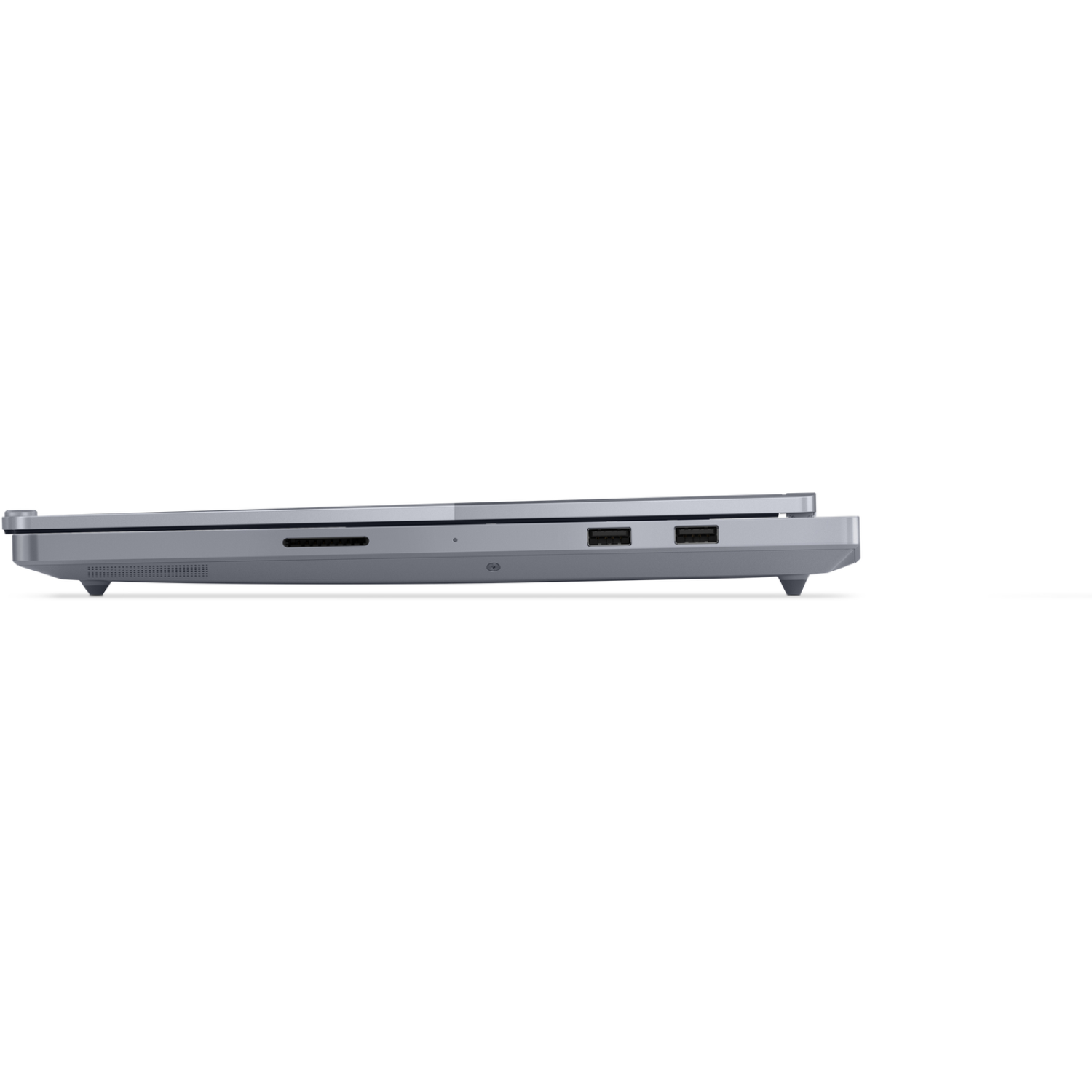 Side view of a gray laptop, slightly open. Ports are visible. The background is entirely white.