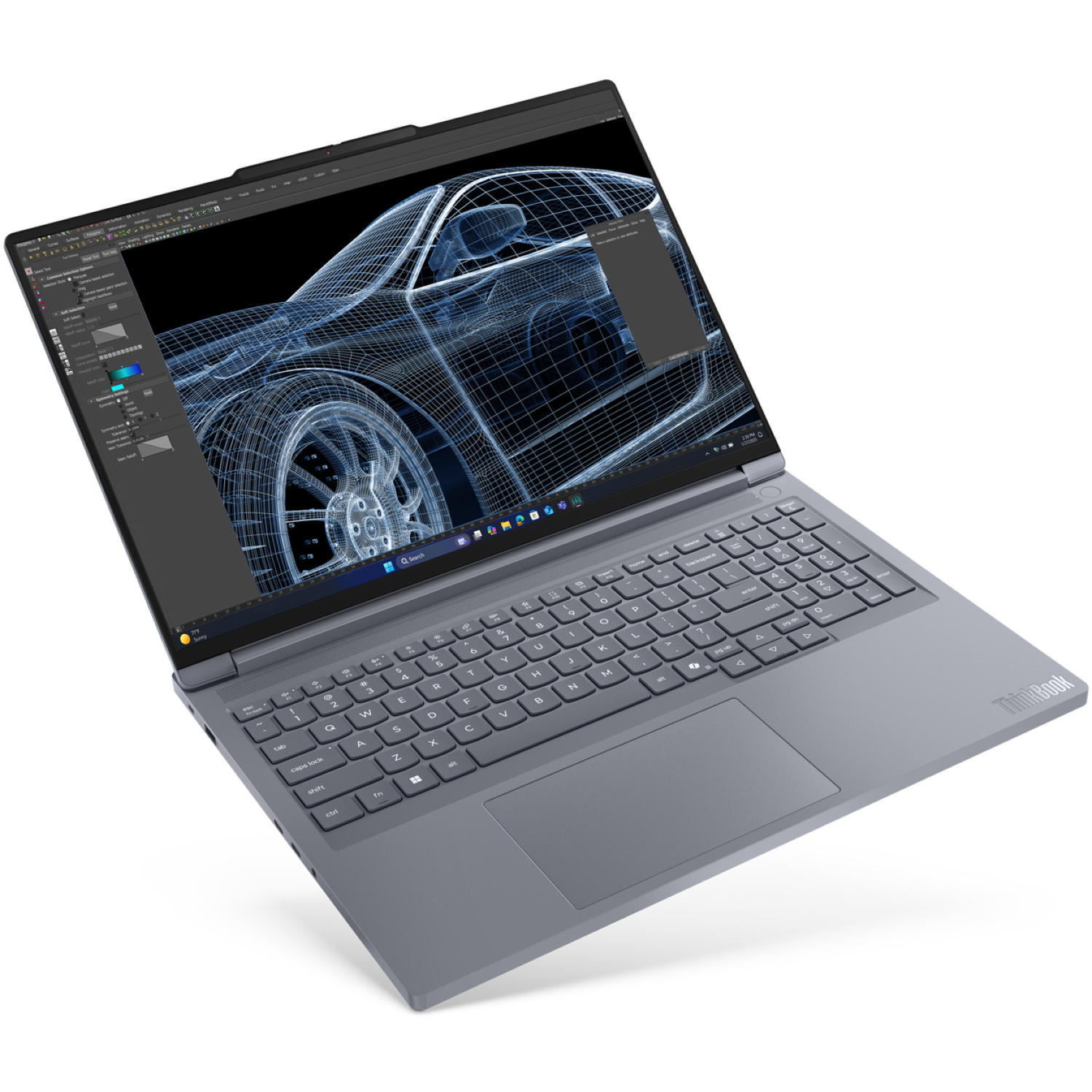 A gray ThinkBook laptop displays a wireframe car model on its screen. The keyboard is visible, and the background is white.