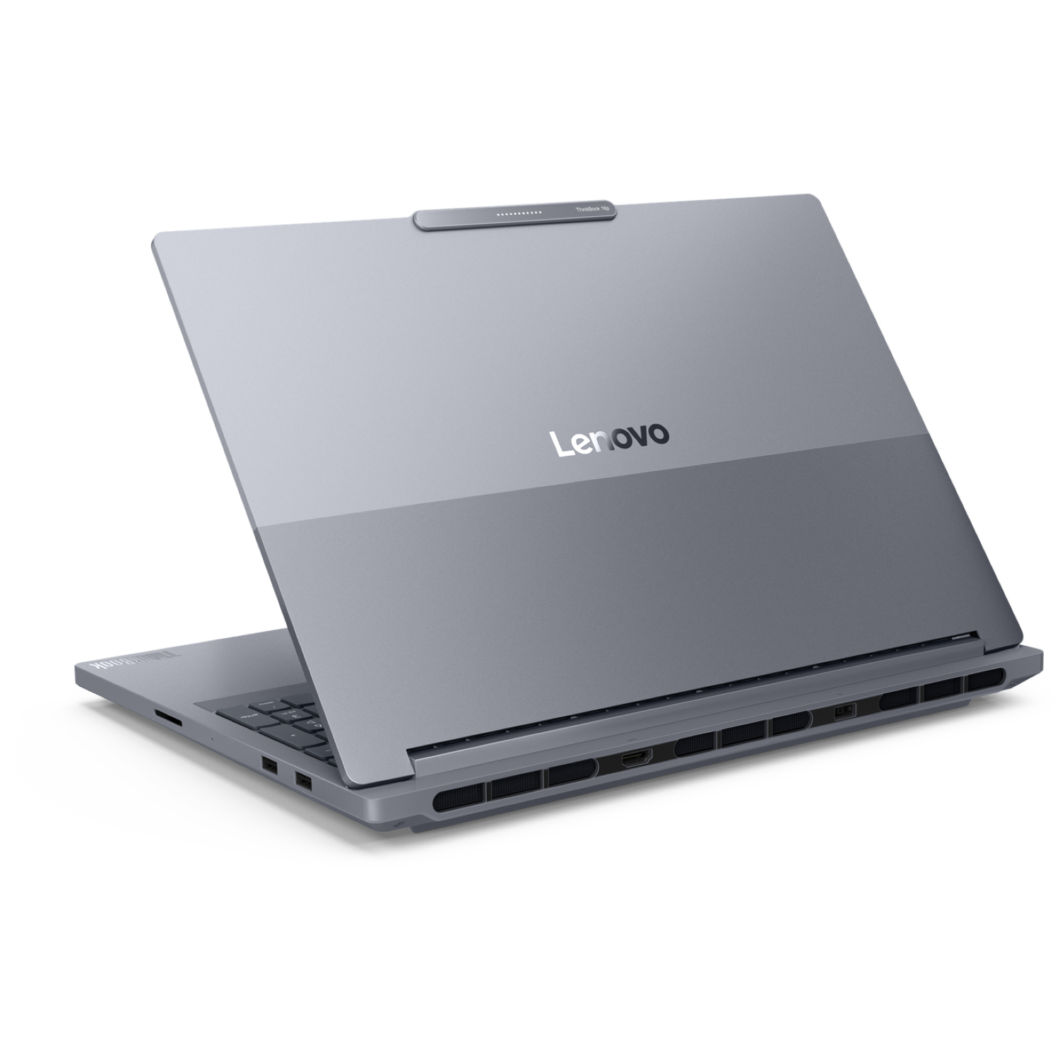 A gray Lenovo ThinkBook laptop is slightly open. The Lenovo logo is visible. White background.