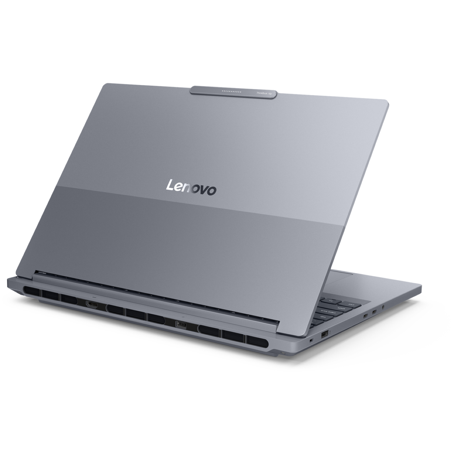 A gray Lenovo laptop is open on a white surface. The screen is slightly open, revealing the keyboard. Ports are visible.