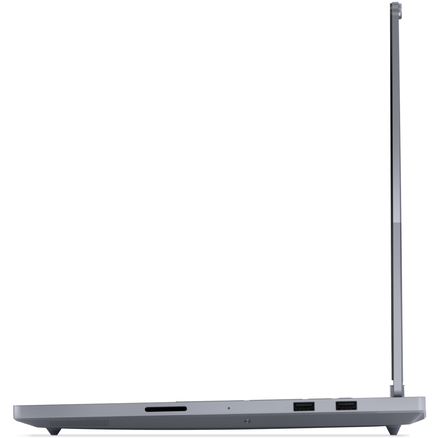 Side view of a gray laptop, open. Shows ports, hinge, and the screen's edge. Set against a white background.