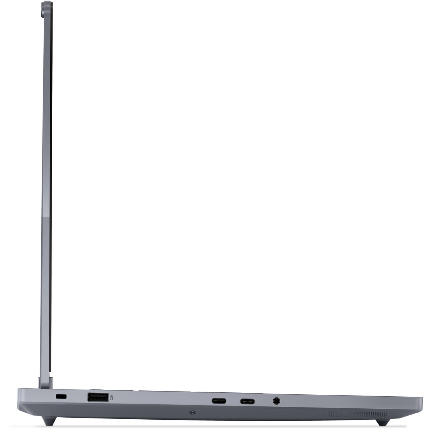 Side view of a gray laptop. Visible ports include USB, and USB-C. The screen is open. The laptop rests on a white surface.