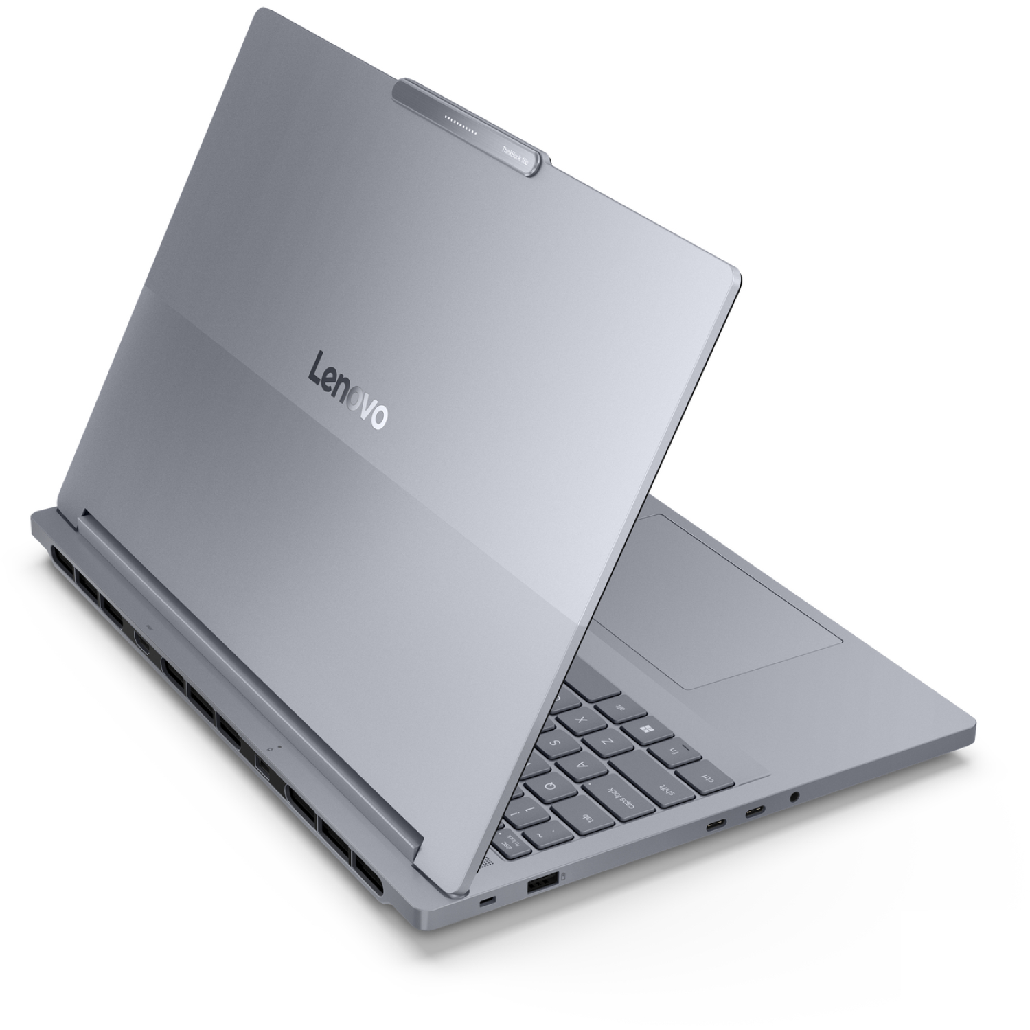 A gray Lenovo laptop is open, showing the keyboard and screen. The Lenovo logo is visible. The background is white.