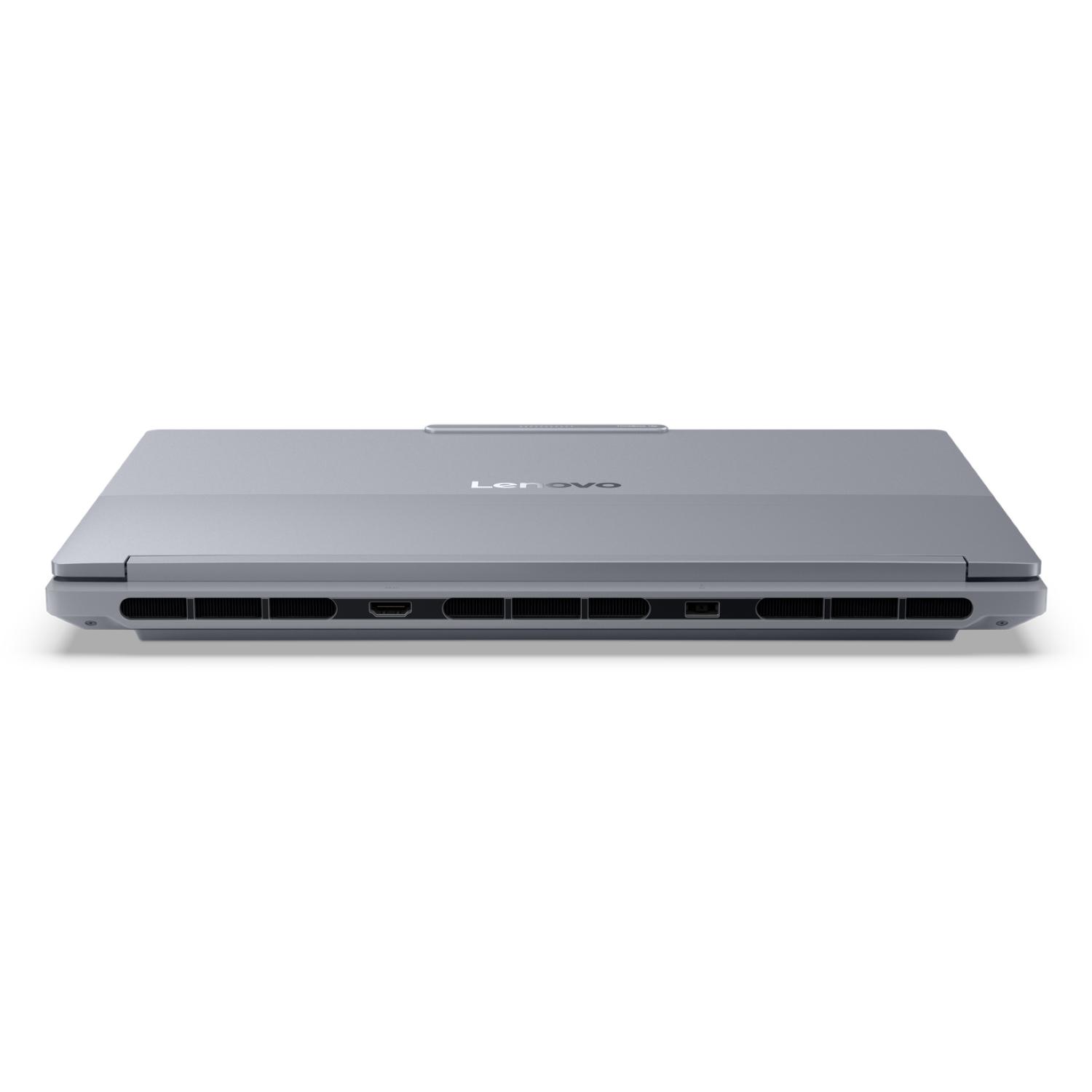 A gray Lenovo laptop, closed and viewed from the side. Ports and vents are visible on the side. The background is white.
