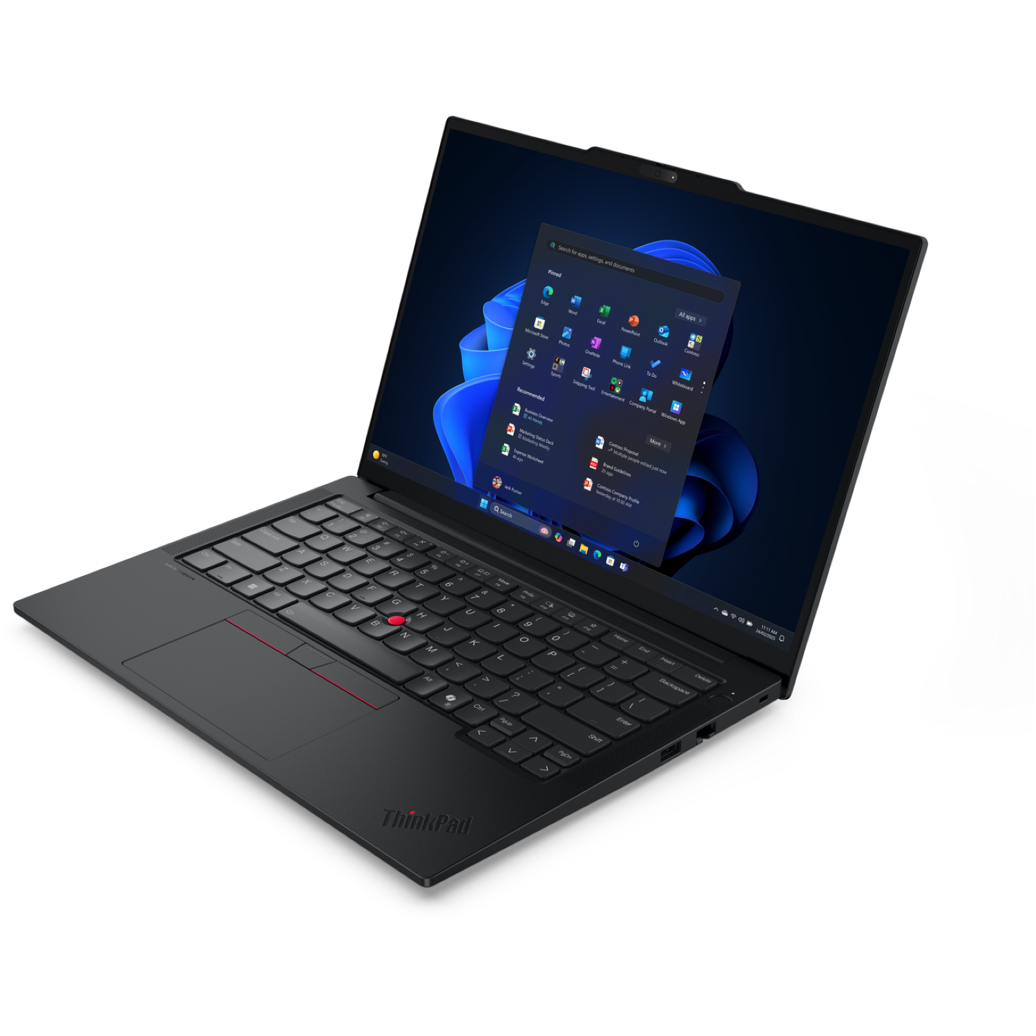 A black ThinkPad laptop is open, displaying a Windows interface with app icons. The keyboard and screen are visible.