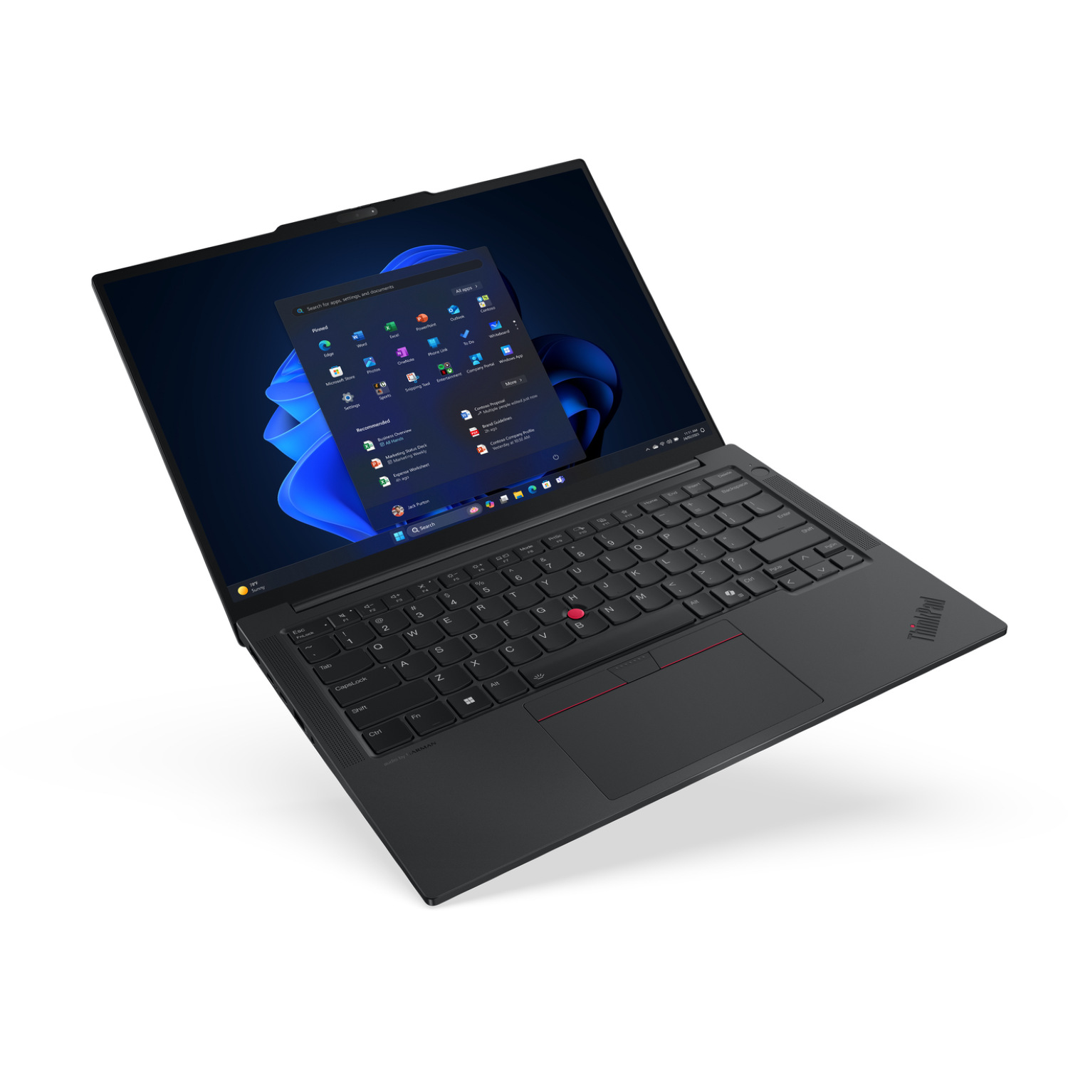 Black ThinkPad laptop open on a white surface. The screen displays the Windows 11 interface. Keyboard and trackpad visible.