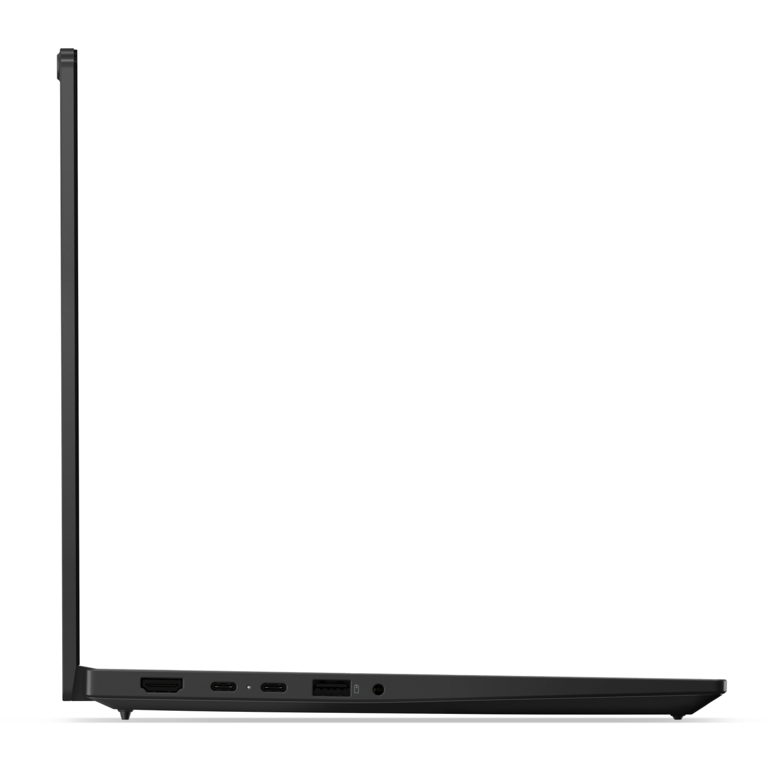Side view of a black laptop. The screen is closed. Visible ports include HDMI, USB-C, and audio jack. White background.