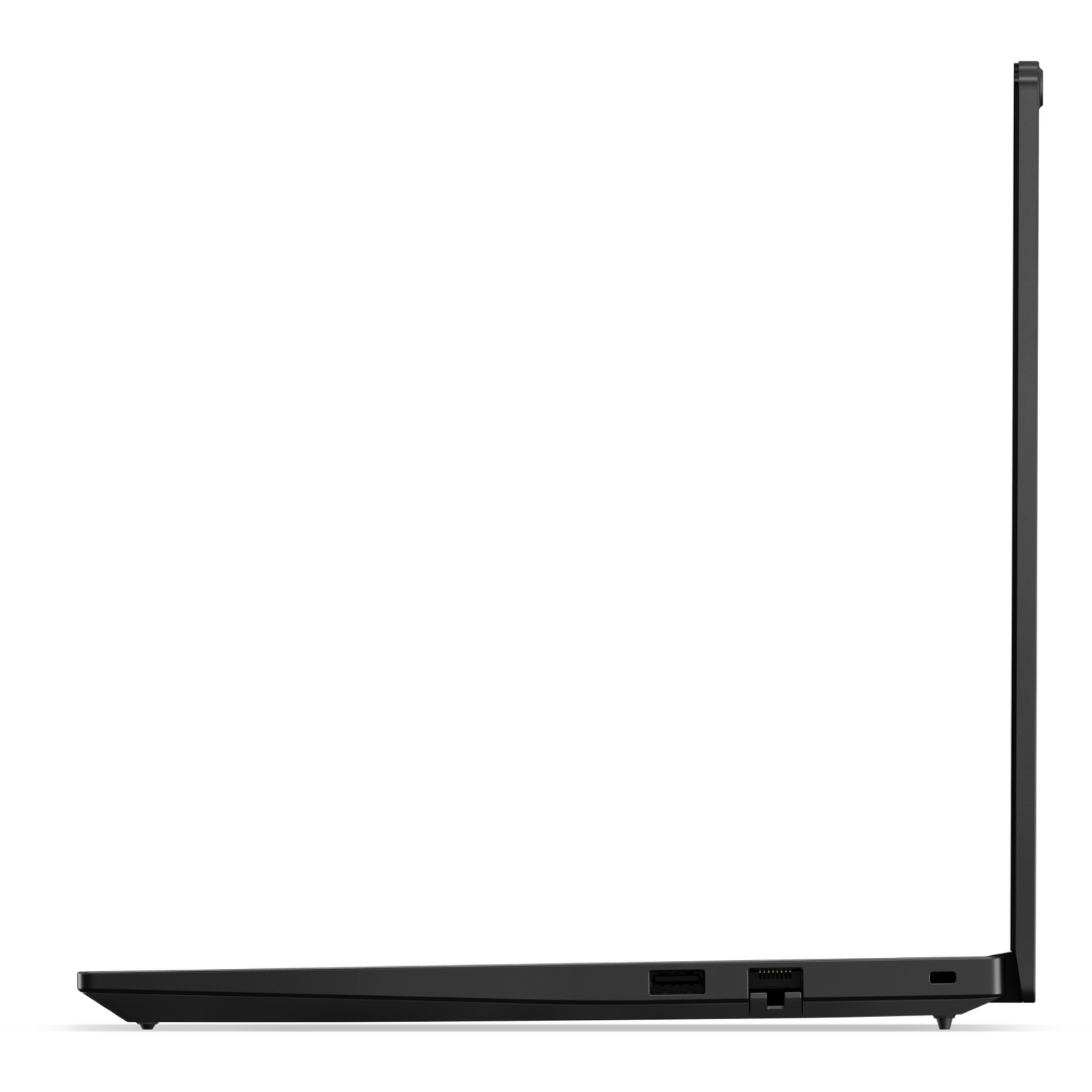 Side view of a black laptop. The screen is open. Ports are visible on the side. The background is white.