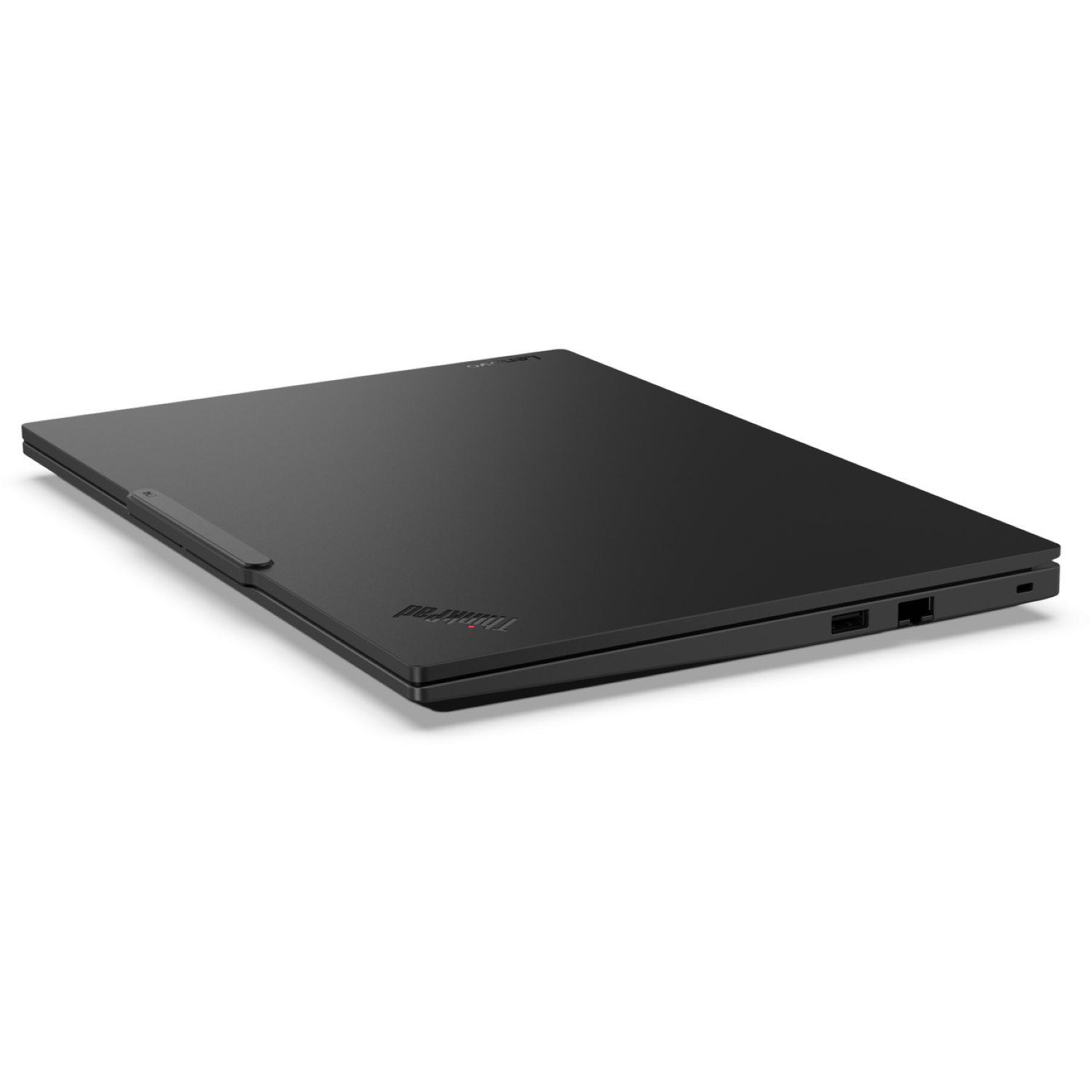 A closed, black Lenovo ThinkPad laptop rests on a white surface. The ThinkPad logo is visible. The laptop is slightly angled.
