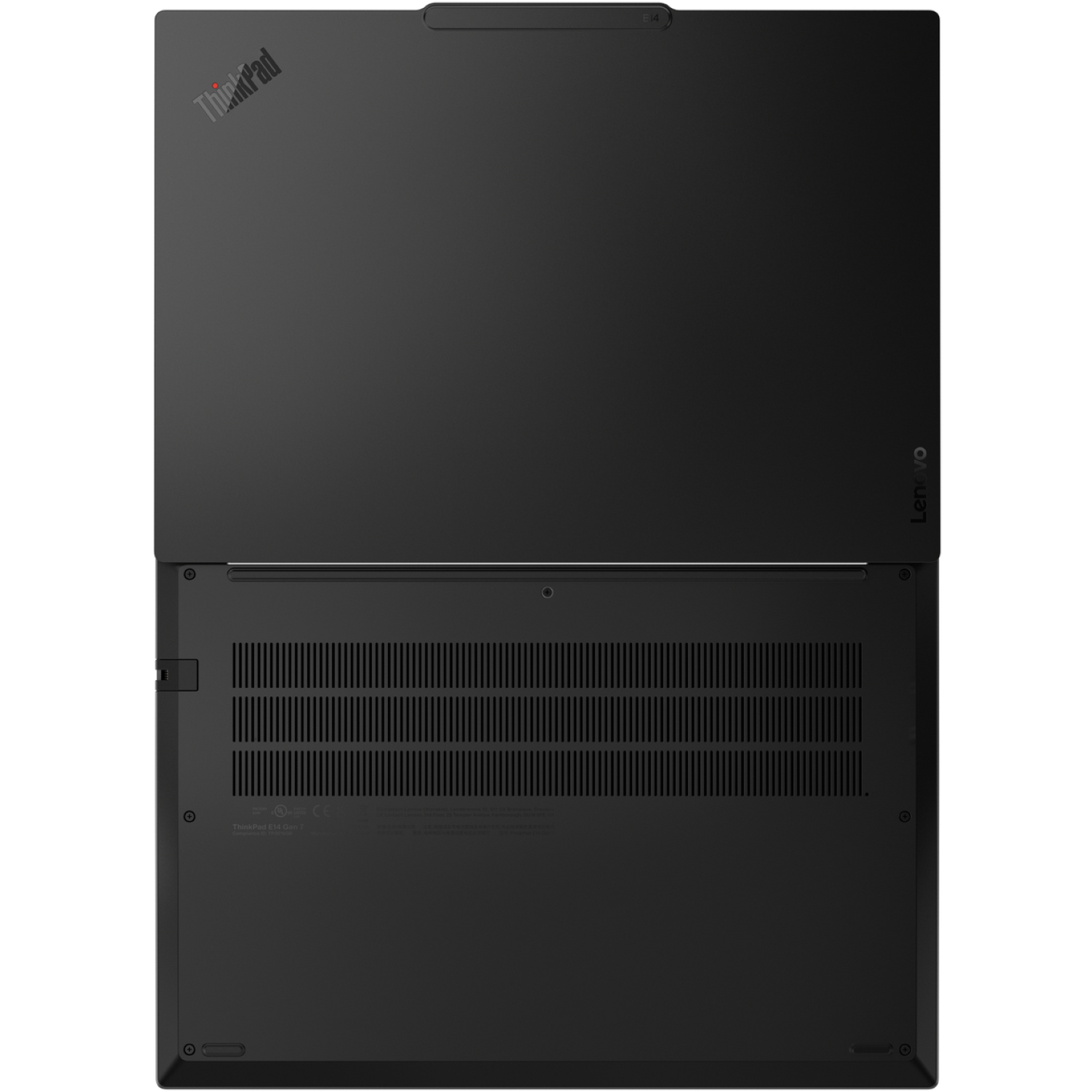 Black Lenovo ThinkPad laptop, top view. ThinkPad logo visible on the lid. Vents and ports are on the bottom part.
