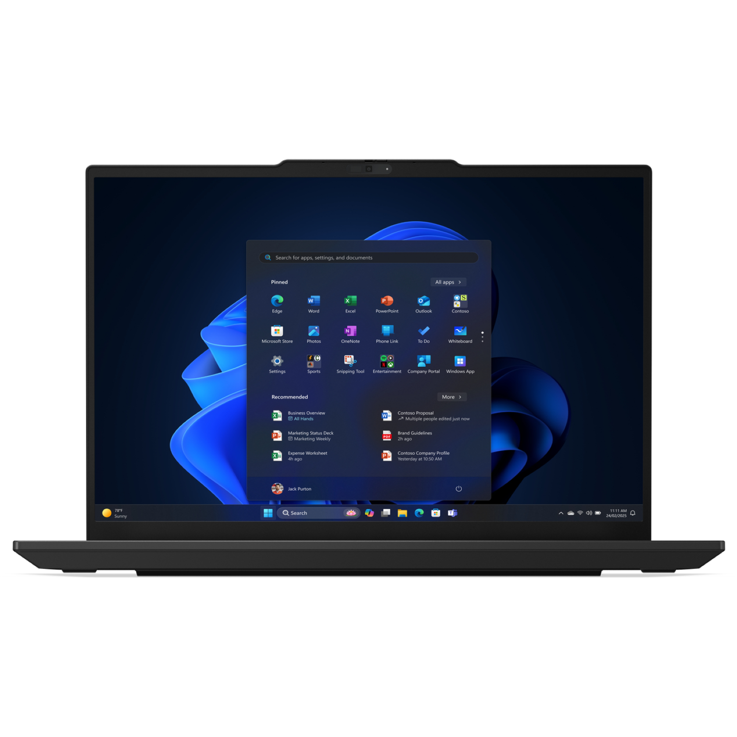 A black laptop displays the Windows 11 start menu. Icons include Edge, Word, Excel, and more. A search bar is open.