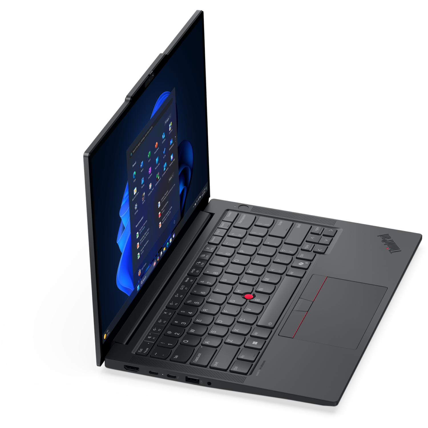 A black ThinkPad laptop is open on a white surface. The screen displays a Windows 11 interface. The keyboard is visible with a red trackpoint.
