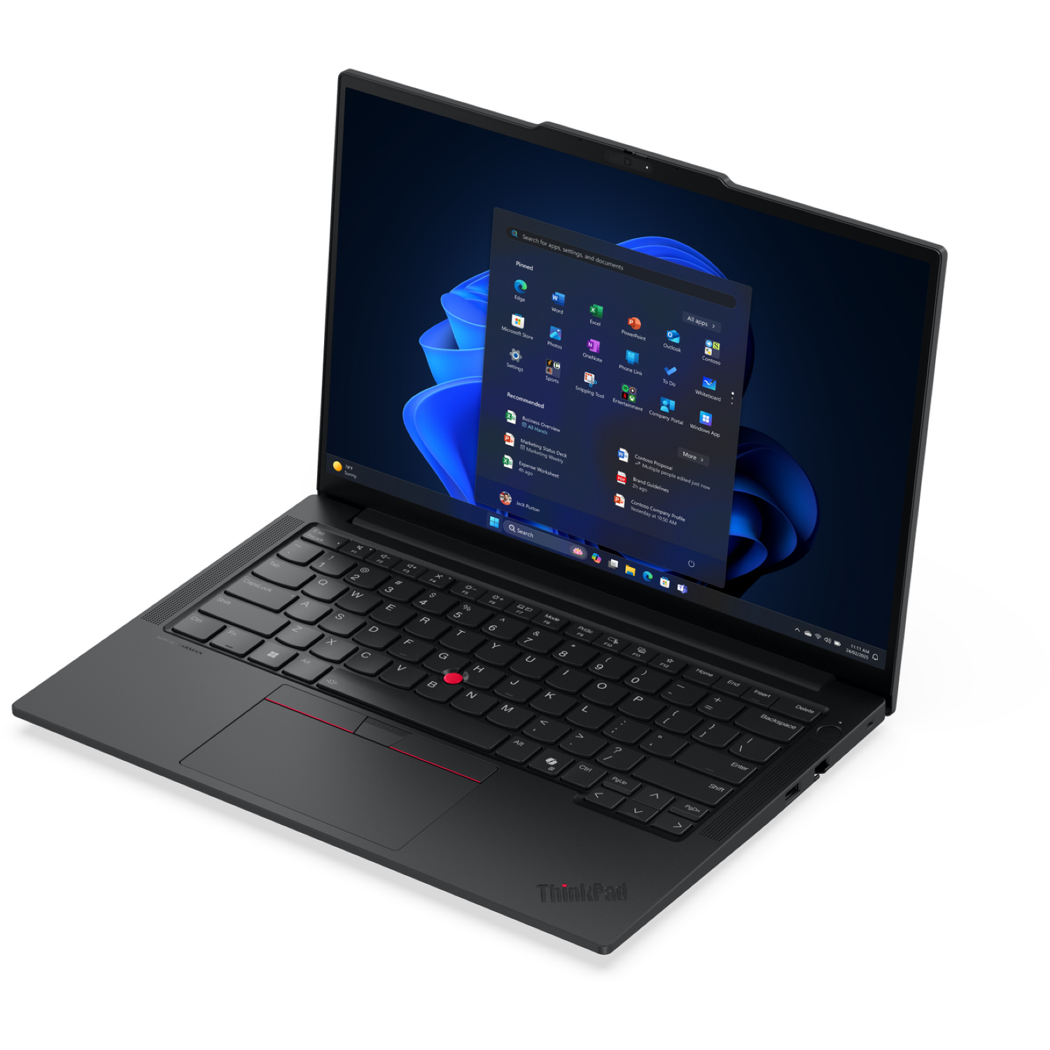 Black ThinkPad laptop on white surface. Screen shows Windows start menu. Keyboard visible, with red TrackPoint.