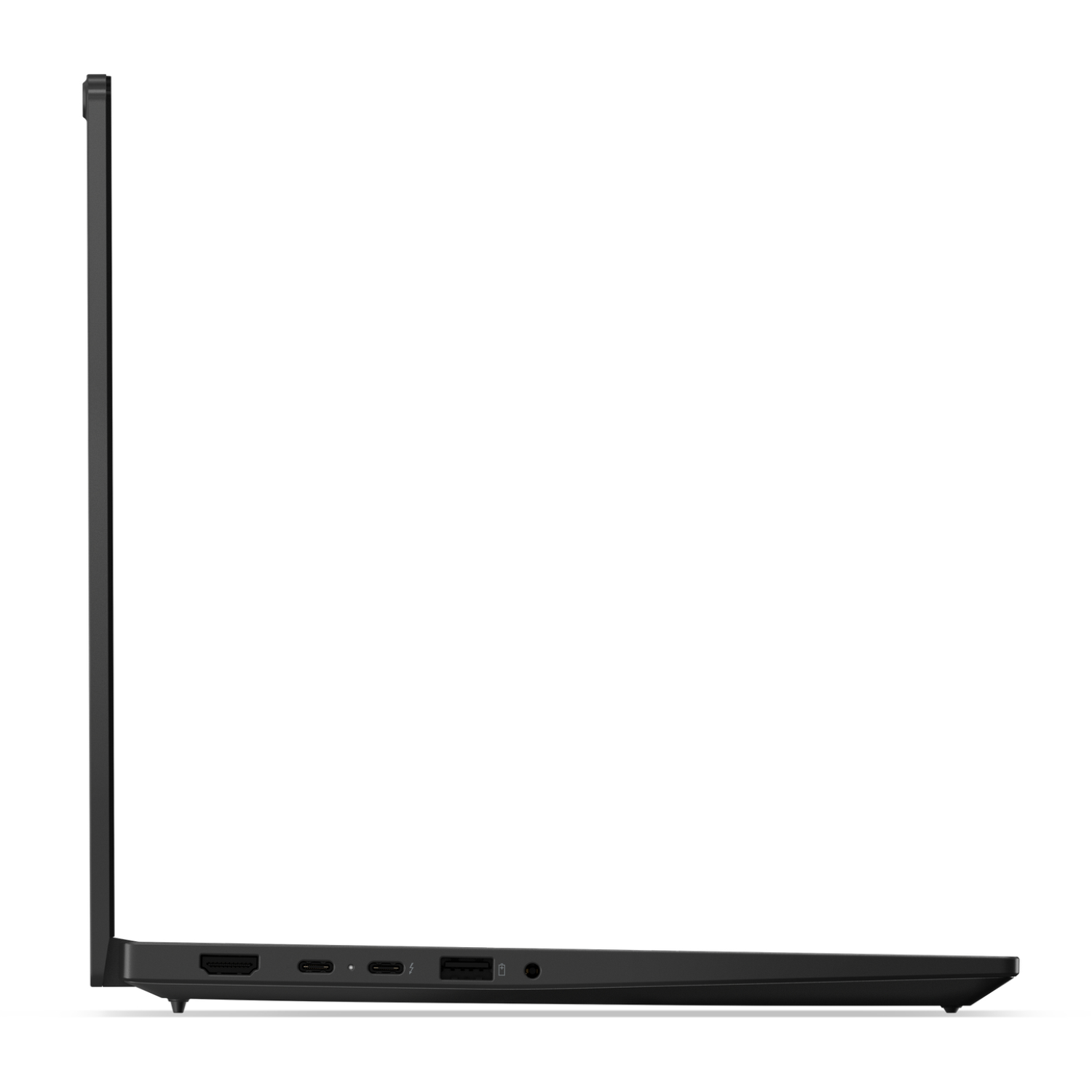 Side view of a black laptop. Visible ports include HDMI, USB-C, and USB. The screen is closed. The background is white.