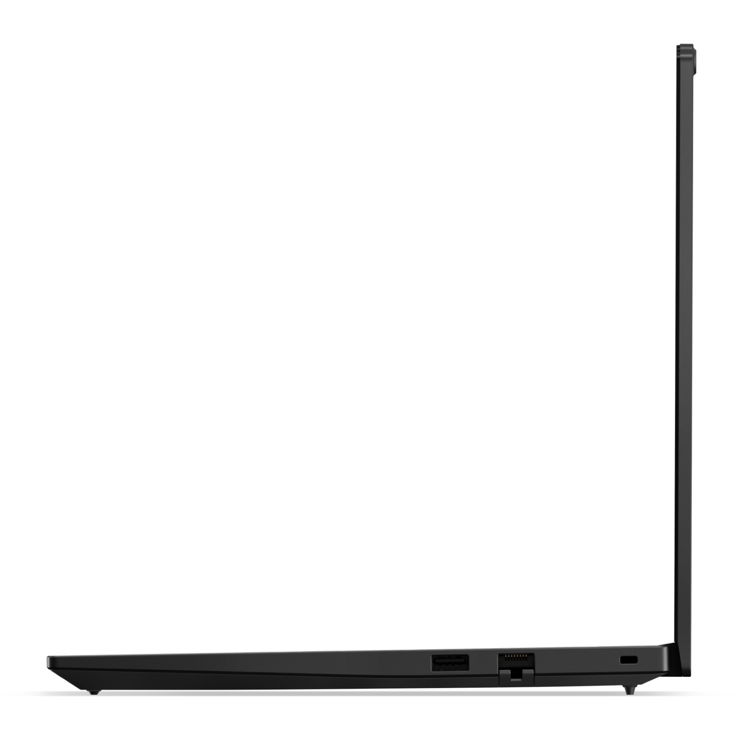 Side view of a black laptop. The screen is closed. Ports and vents are visible along the side. The background is white.