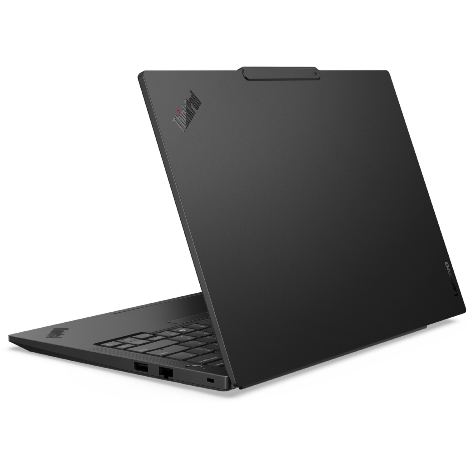 Black Lenovo ThinkPad laptop, partially open. The ThinkPad logo is visible. The background is white.