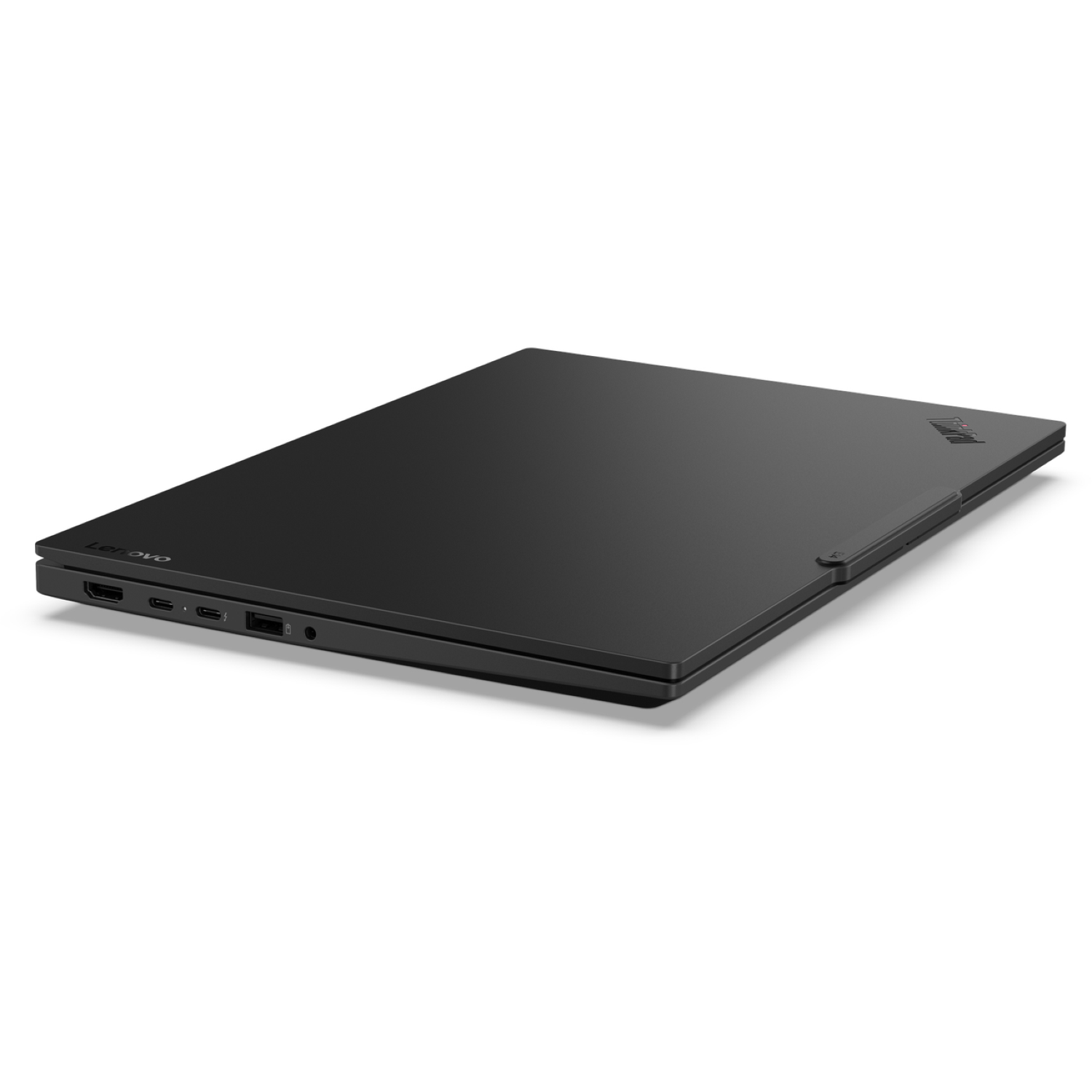 A black Lenovo ThinkPad laptop is shown at a slight angle, closed. The laptop is on a white background.
