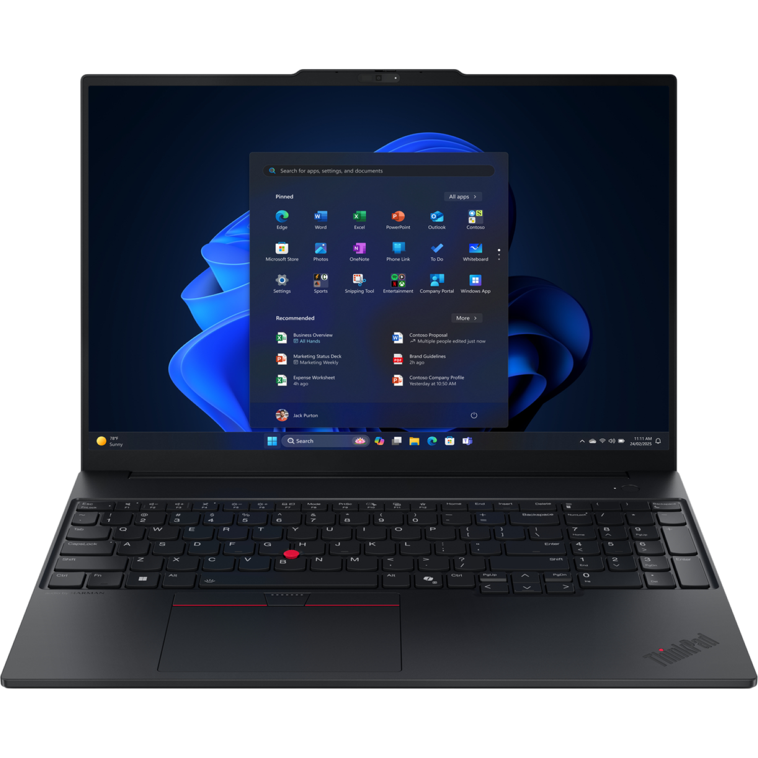 Zwarte ThinkPad laptop open, met Windows 11 interface. Toetsenbord zichtbaar. Apps vastgezet op scherm.