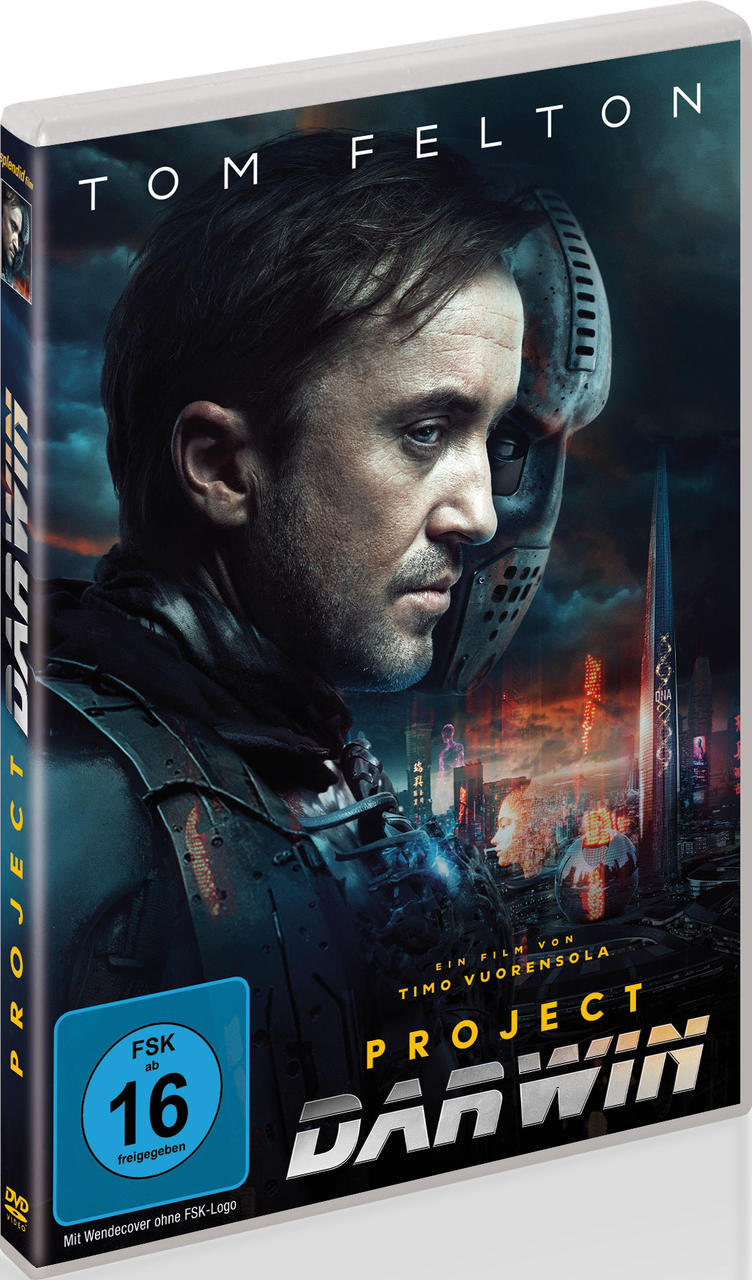 DVD-Cover von 'Project Darwin'. Tom Feltons Gesicht ist prominent, mit einer futuristischen Stadt im Hintergrund. Die Bewertung ist FSK 16.
