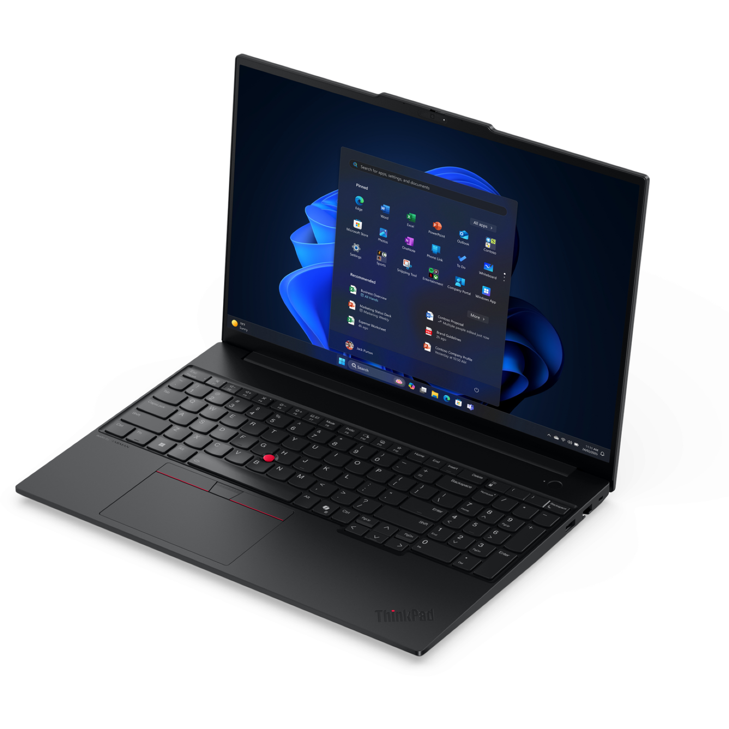 Een zwarte ThinkPad laptop is open, met een Windows-interface. Het scherm toont verschillende apps en een zoekbalk.
