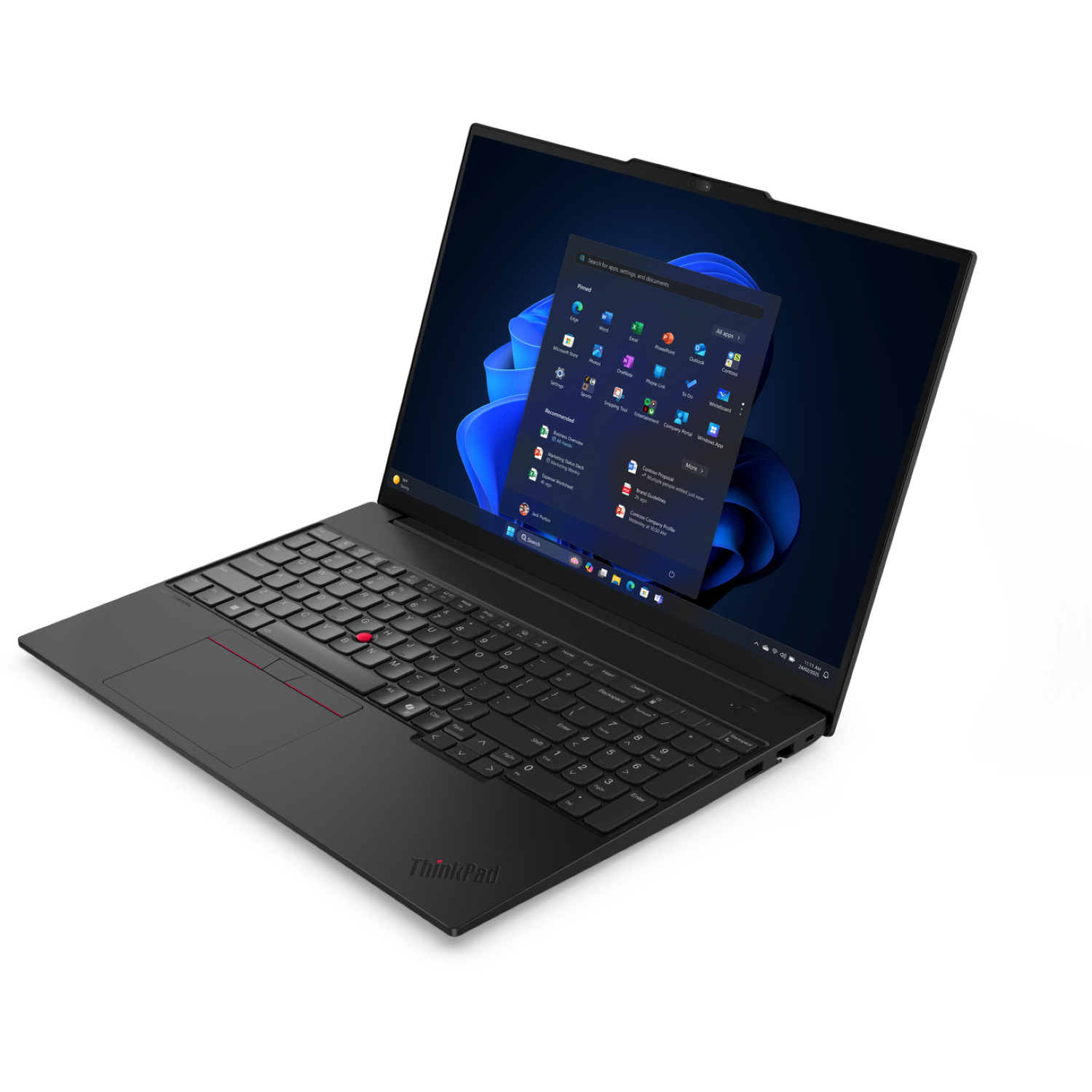A black ThinkPad laptop is open. The screen displays the Windows 11 interface. The keyboard has a red TrackPoint.