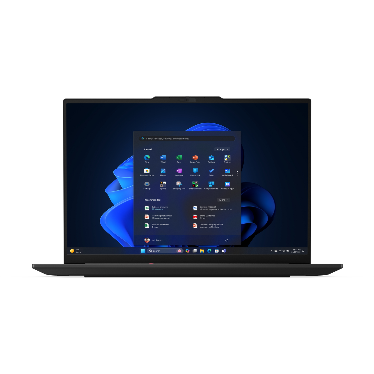 Black laptop displaying Windows 11 interface. Shows pinned apps, recommended files, and a search bar. The background is blue.