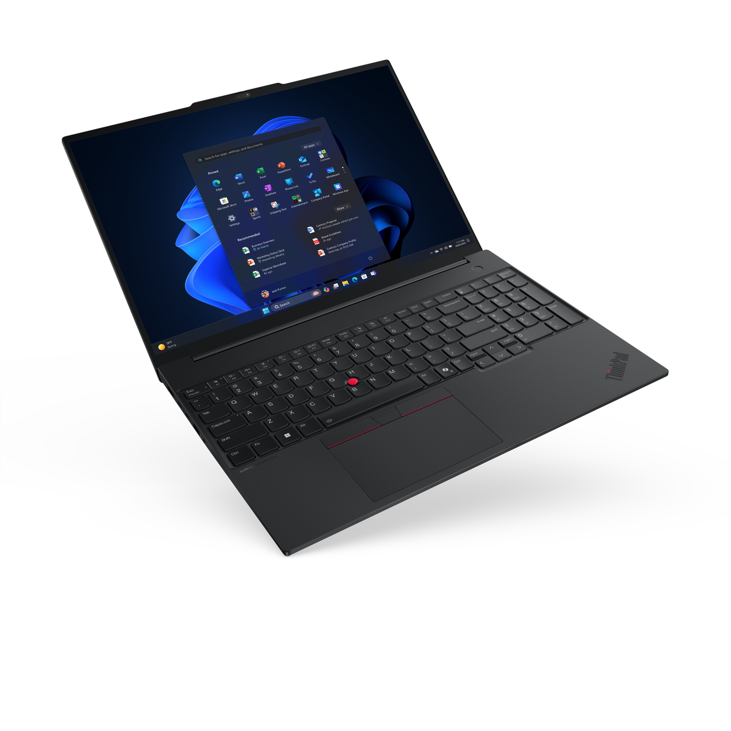 A black ThinkPad laptop is open, displaying the Windows 11 start menu. The keyboard and trackpad are visible. The background is white.