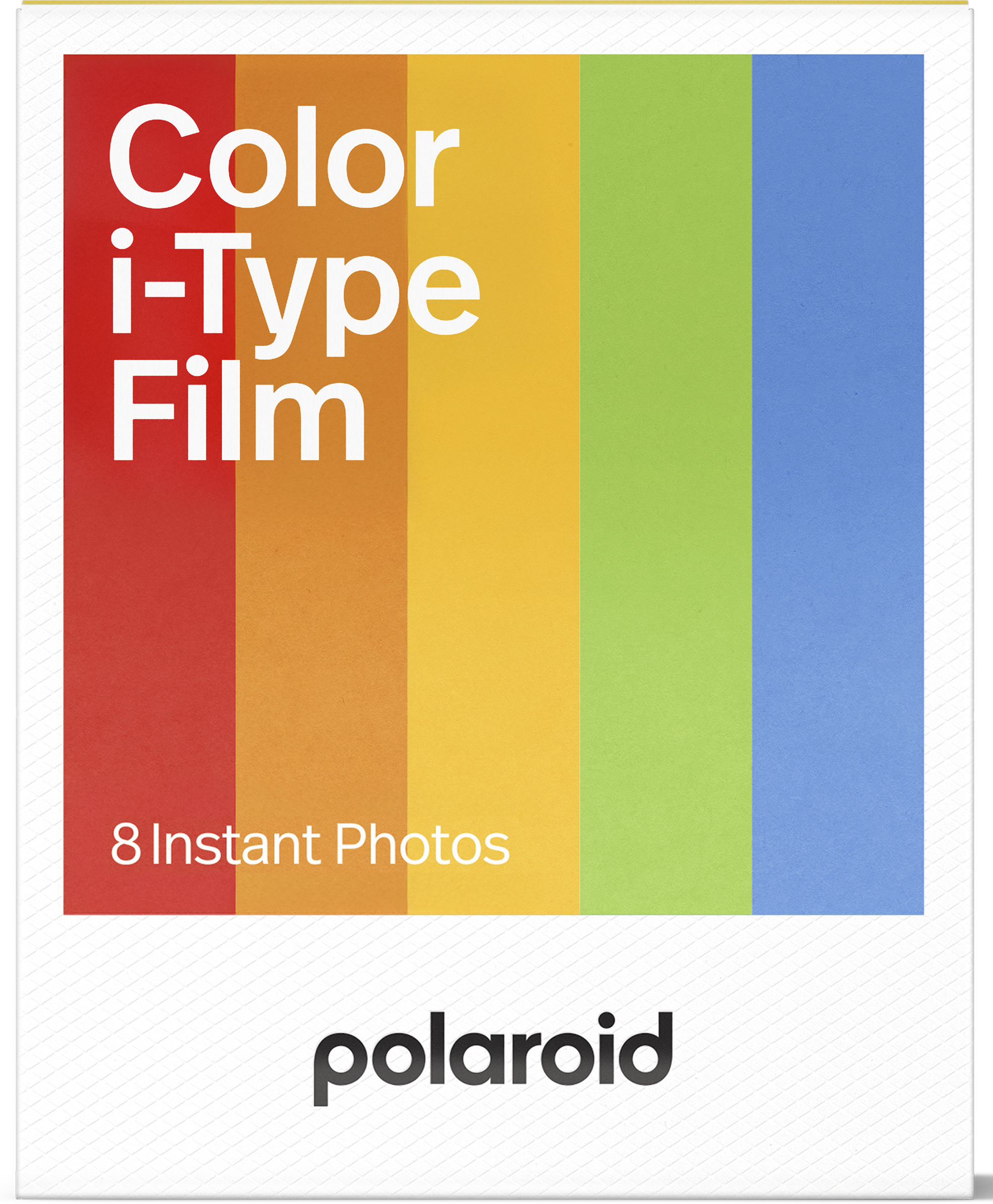 Polaroid i-Type Film doboz színes csíkokkal és fehér szöveggel. Azt írja, hogy 'Color i-Type Film' és '8 Instant Photos'.
