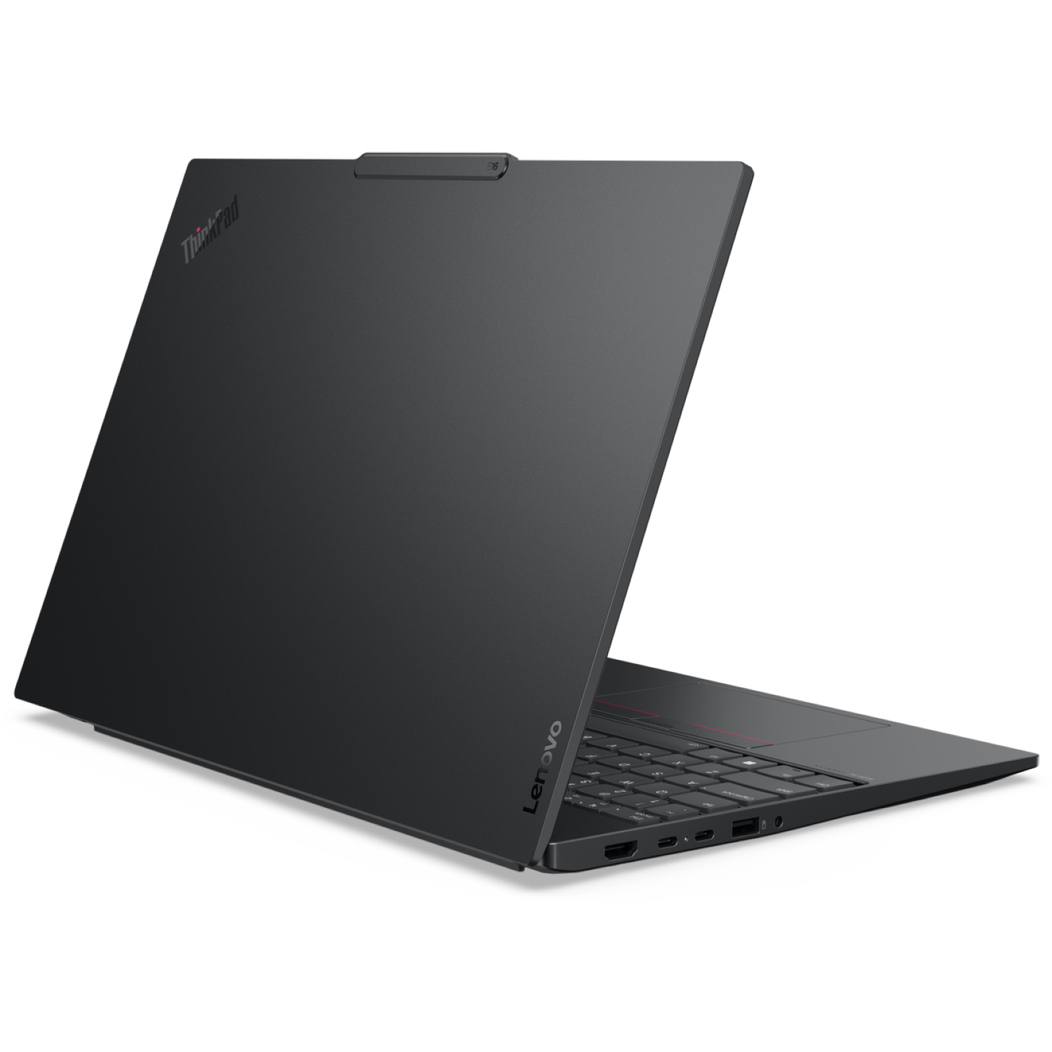 A black Lenovo ThinkPad laptop is slightly open on a white background. The keyboard is visible, and the ThinkPad logo is present.