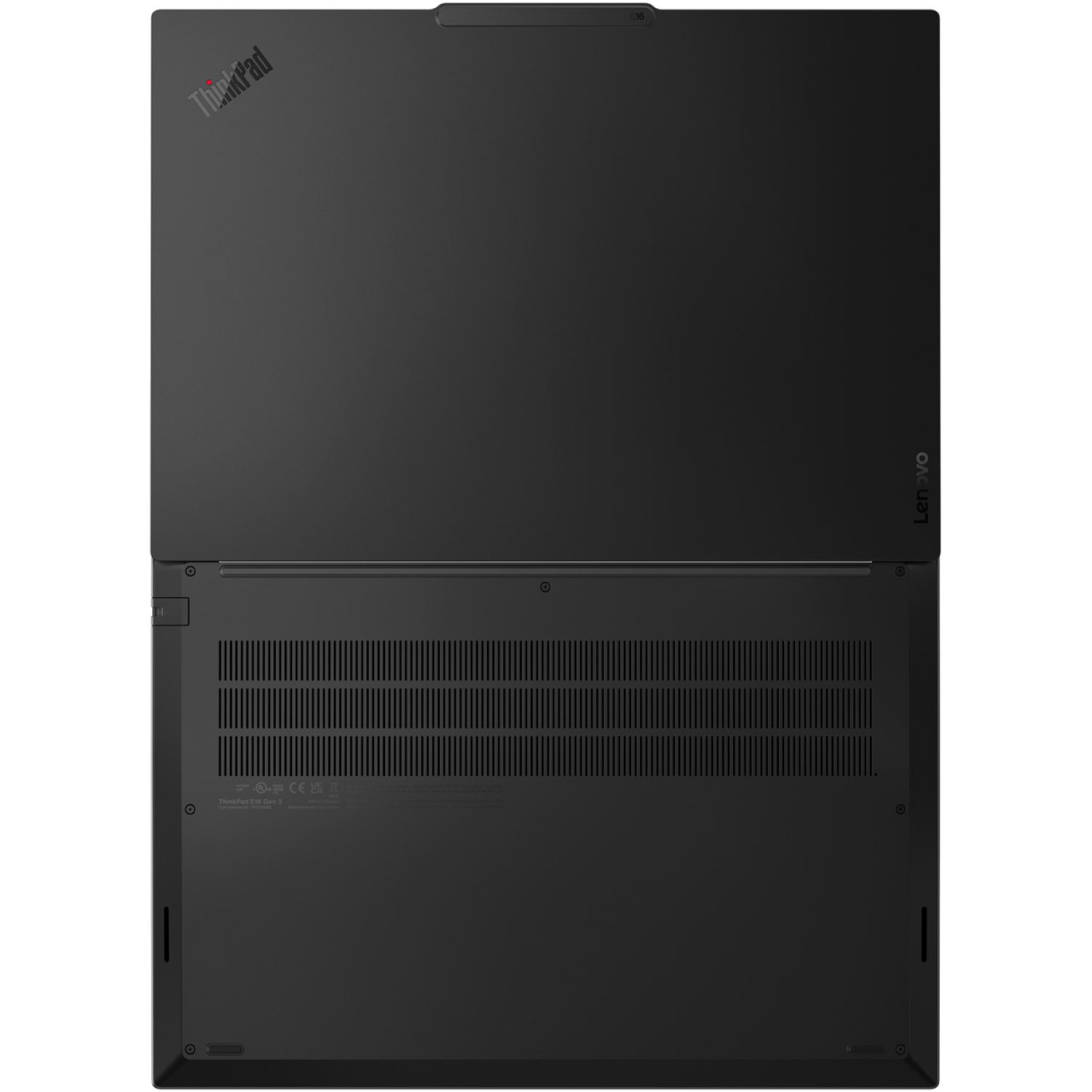 Top view of a black Lenovo ThinkPad E16 Gen 3 laptop. The lid is open, revealing the keyboard and bottom panel with ventilation.