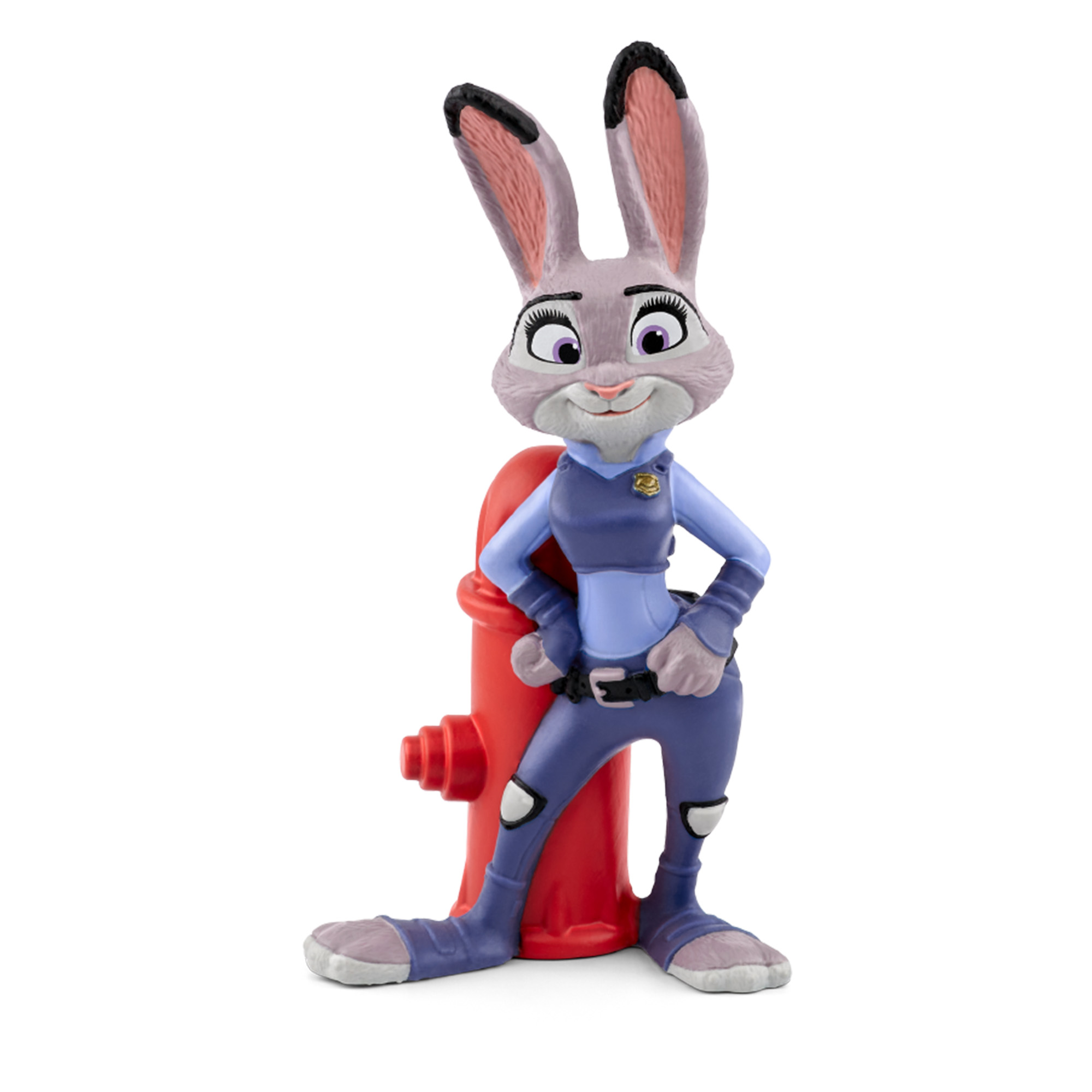 Ein Spielzeug von Judy Hopps, einem Häschen in Polizeiuniform, das sich an einem roten Hydranten abstützt.