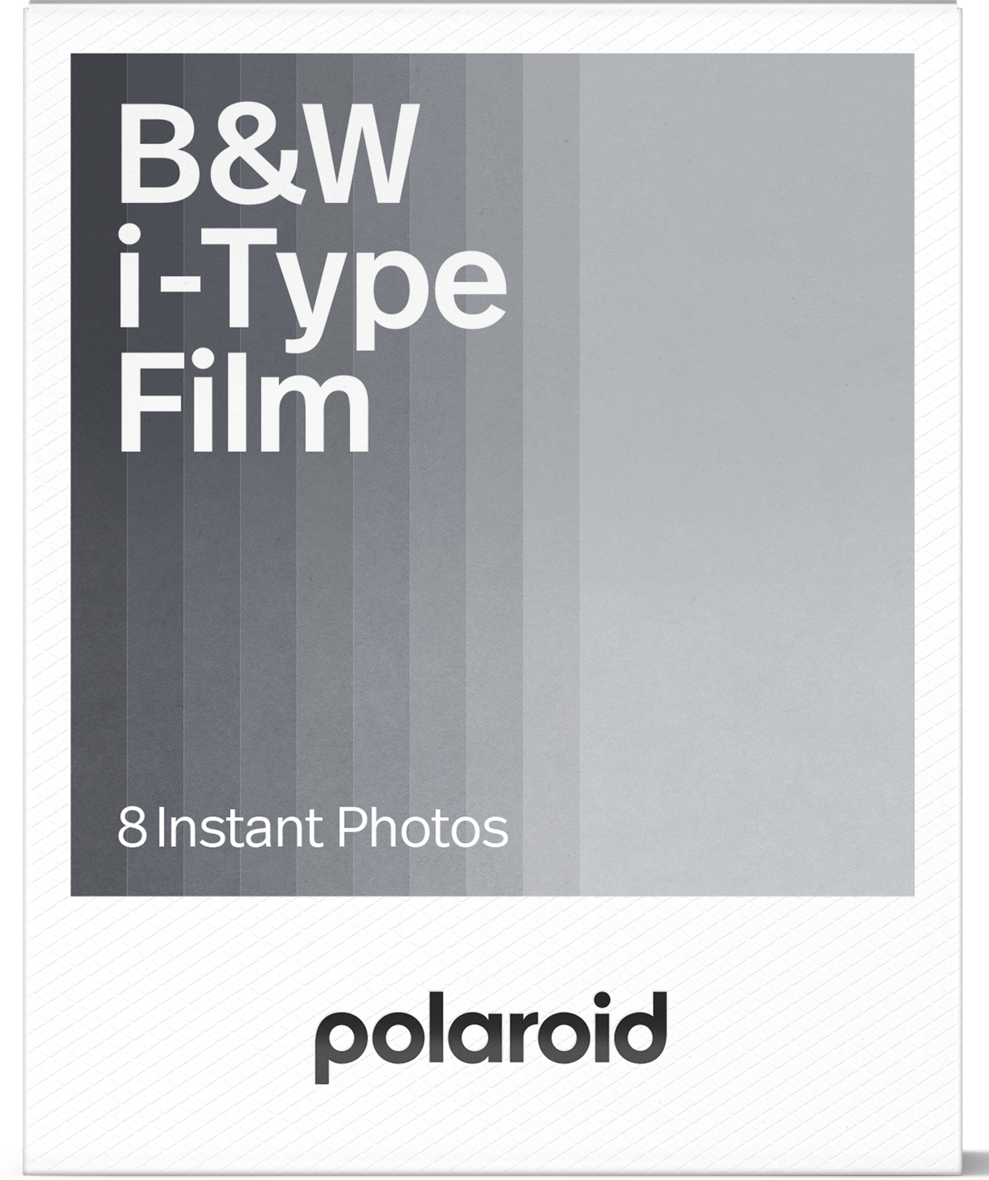 Polaroid i-Type film doboz. Fekete-fehér film látható. Szürke árnyalatú háttér. 8 instant fotót tartalmaz.