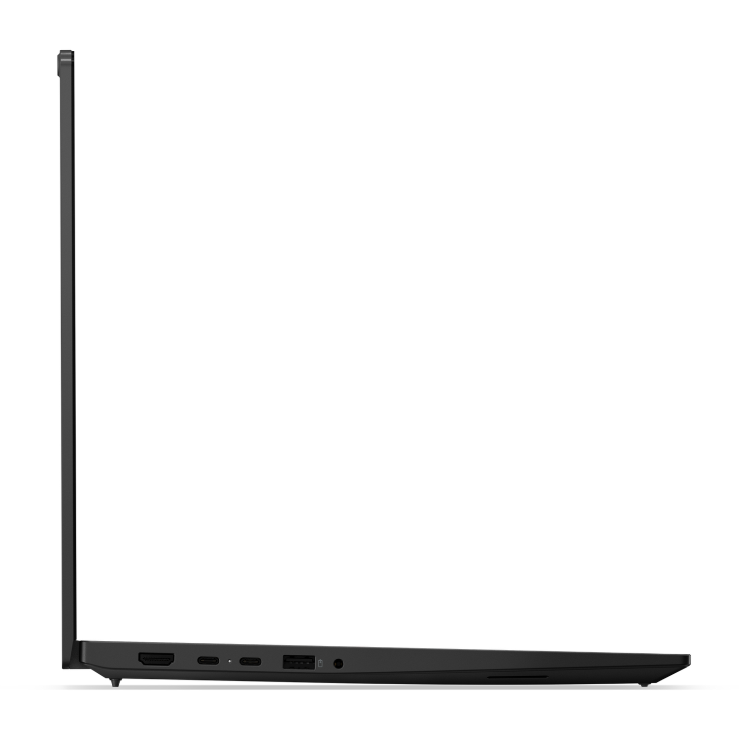Side view of a black laptop. The screen is closed. Various ports are visible along the side, including HDMI and USB.