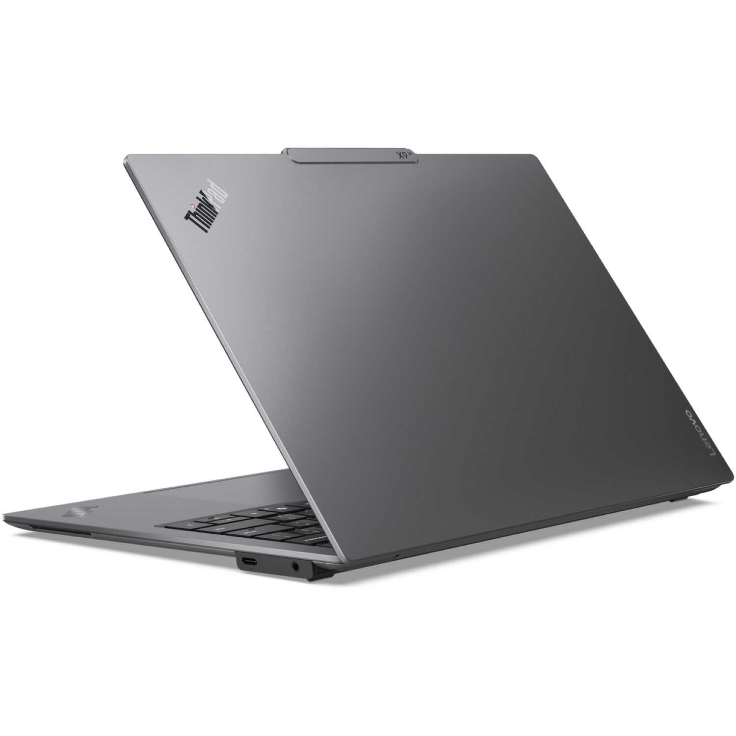 A gray Lenovo ThinkPad laptop is slightly open. The ThinkPad logo is visible. The background is white.
