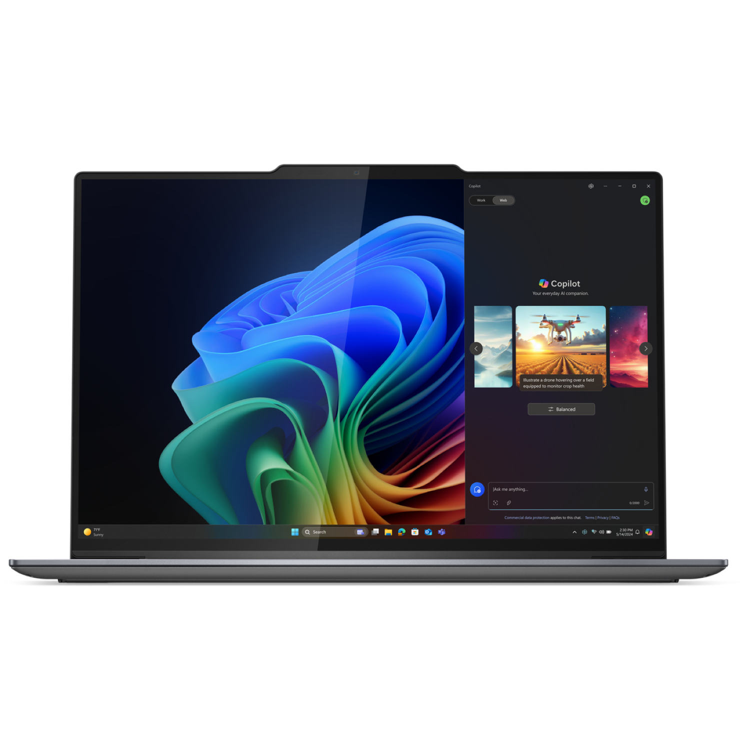 Laptop displaying the Copilot interface. The screen shows a colorful abstract wallpaper and a chat window with image options.