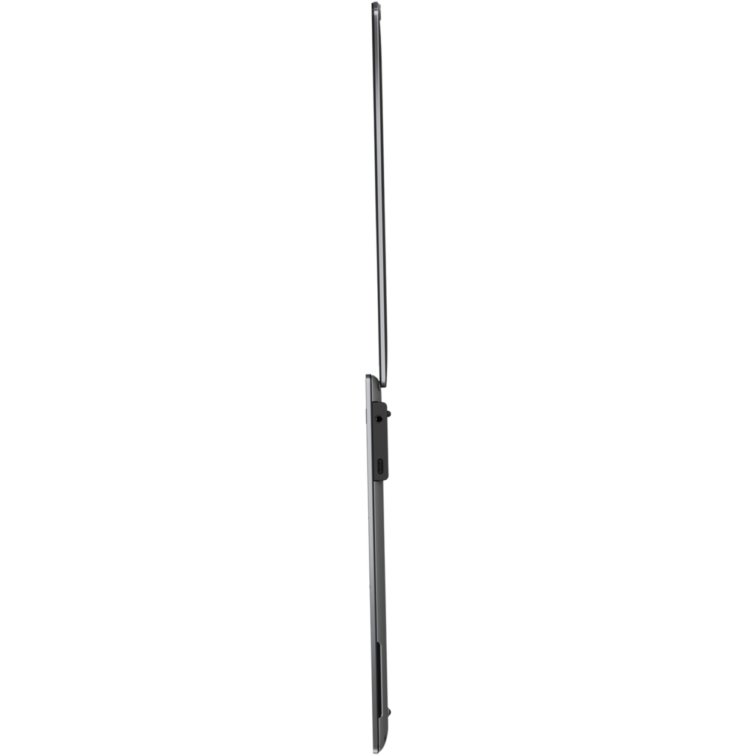 Side view of a thin, dark laptop. The screen is open, showing a light reflection. Hinges and ports visible on the side.