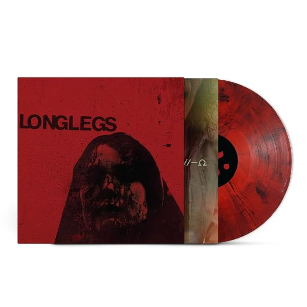 Vinylplatte des Albums 'Longlegs'. Roter Umschlag mit Gesichtssilhouette. Die Schallplatte selbst ist rot und schwarz.