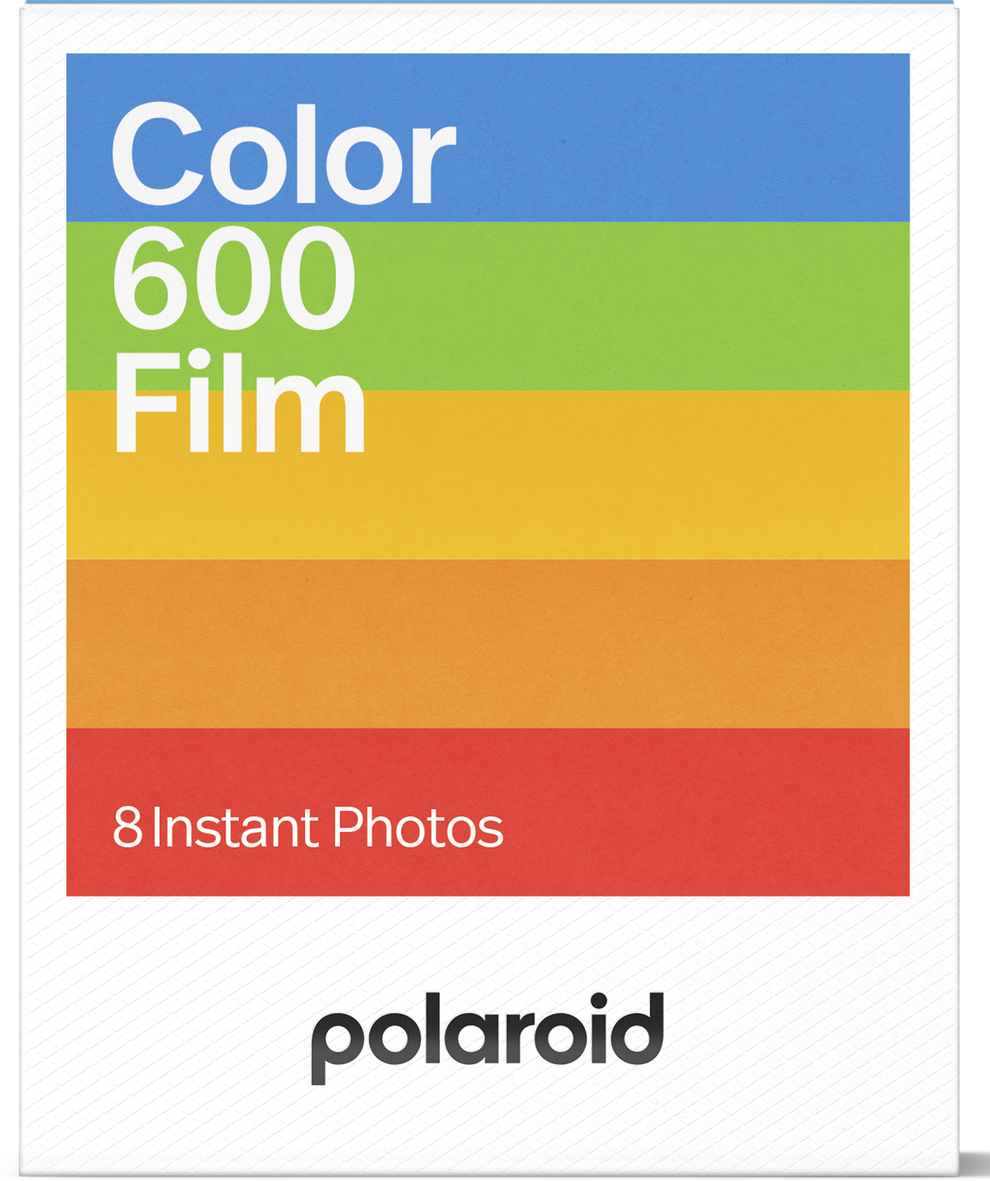 Polaroid Color 600 filmdoboz szivárványos csíkokkal és szöveggel, beleértve a '8 Instant Photos'-t.