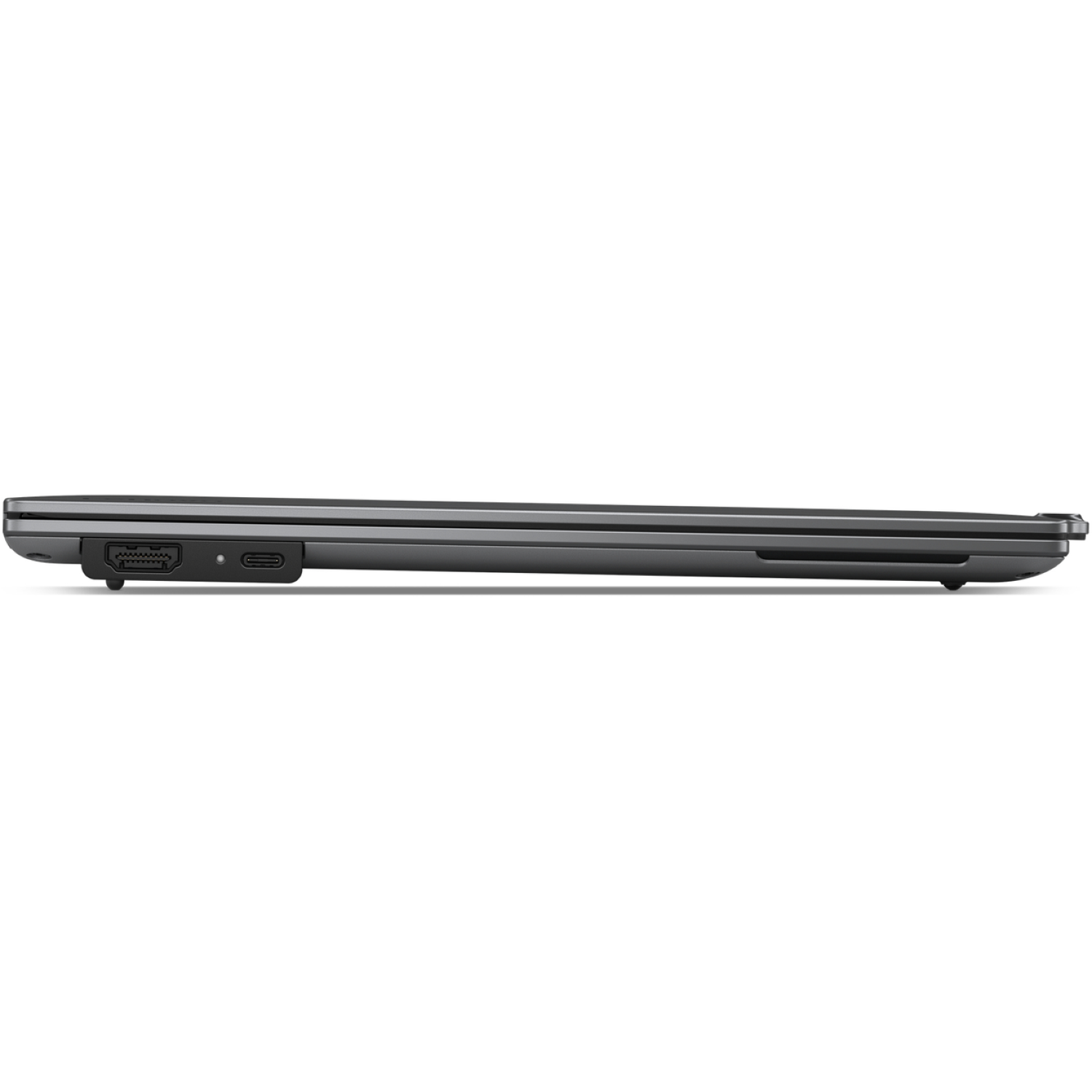 Side view of a closed gray laptop. Ports are visible, including HDMI and USB-C. The laptop is on a white background.