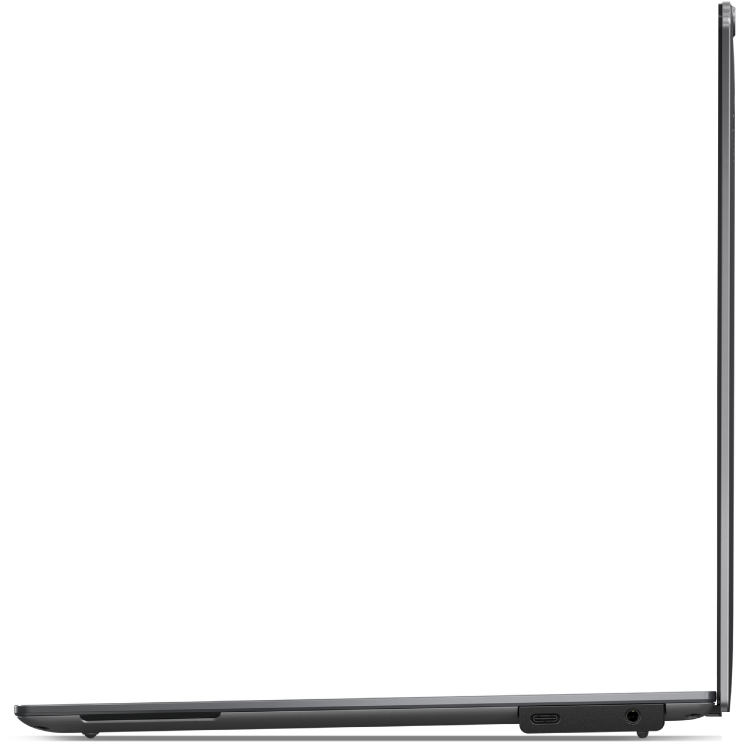 A side view of a gray laptop. The screen is closed. The laptop is on a white background. Ports are visible on the side.