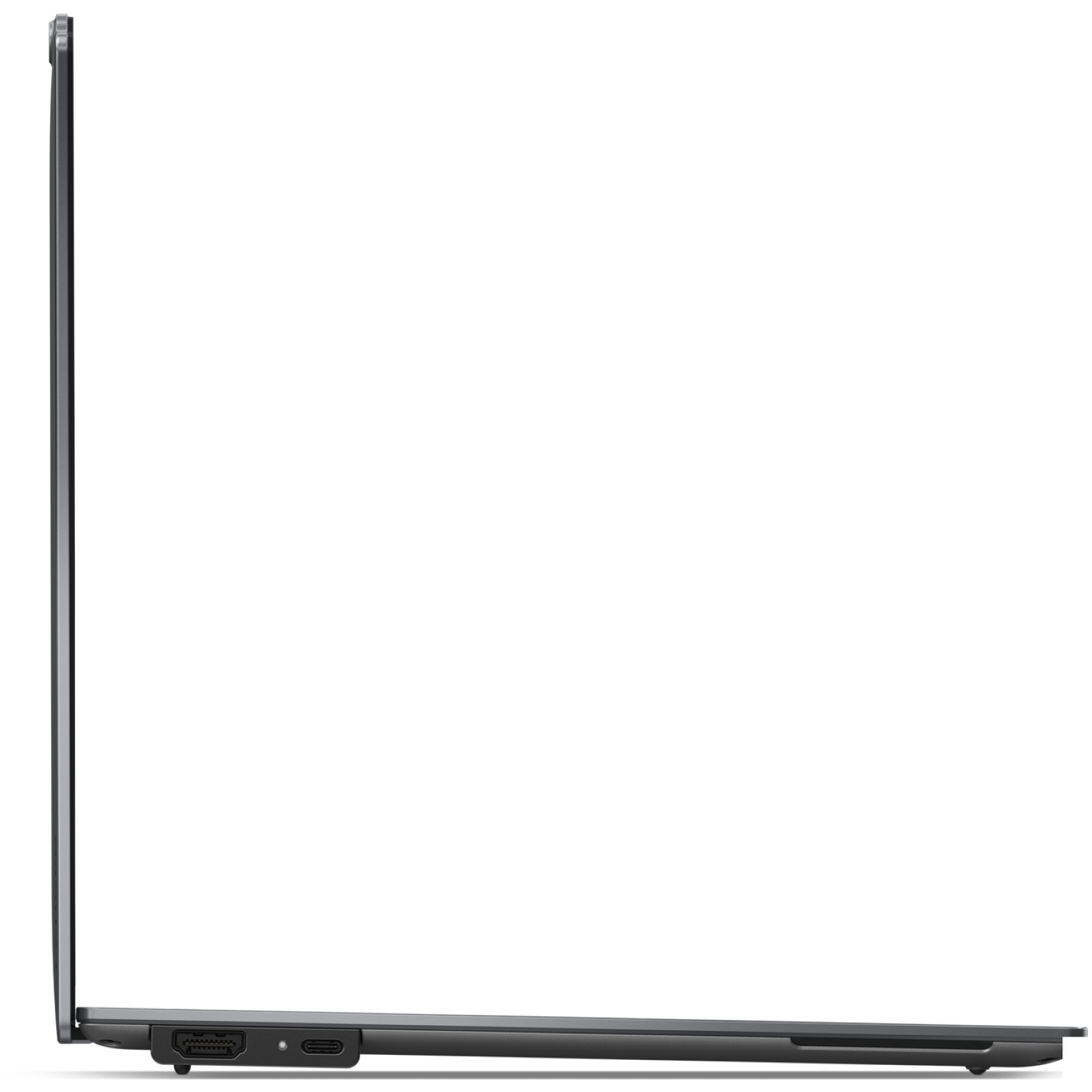 Side view of a dark gray laptop. The screen is open, showing the side profile with ports visible. The background is white.