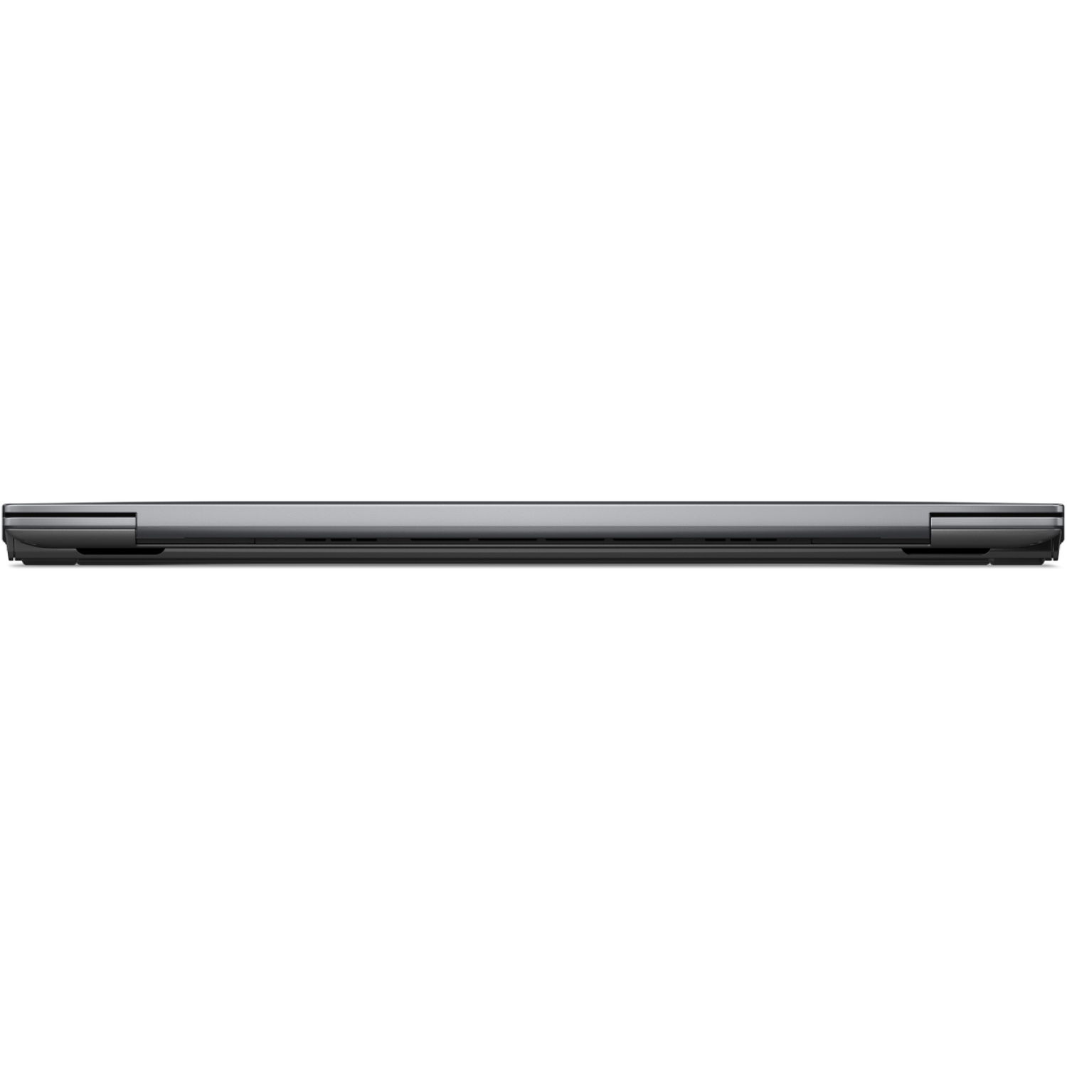 A closed, dark gray laptop is shown from a side view. The laptop is on a white background. The image is well-lit.