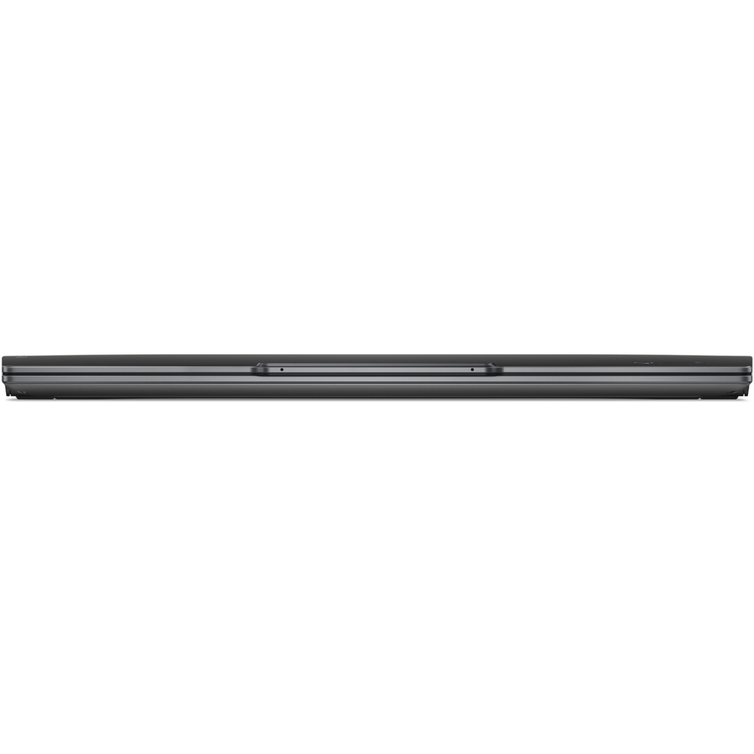 A close-up view of a gray laptop base against a white background. The base is rectangular with a series of parallel lines.