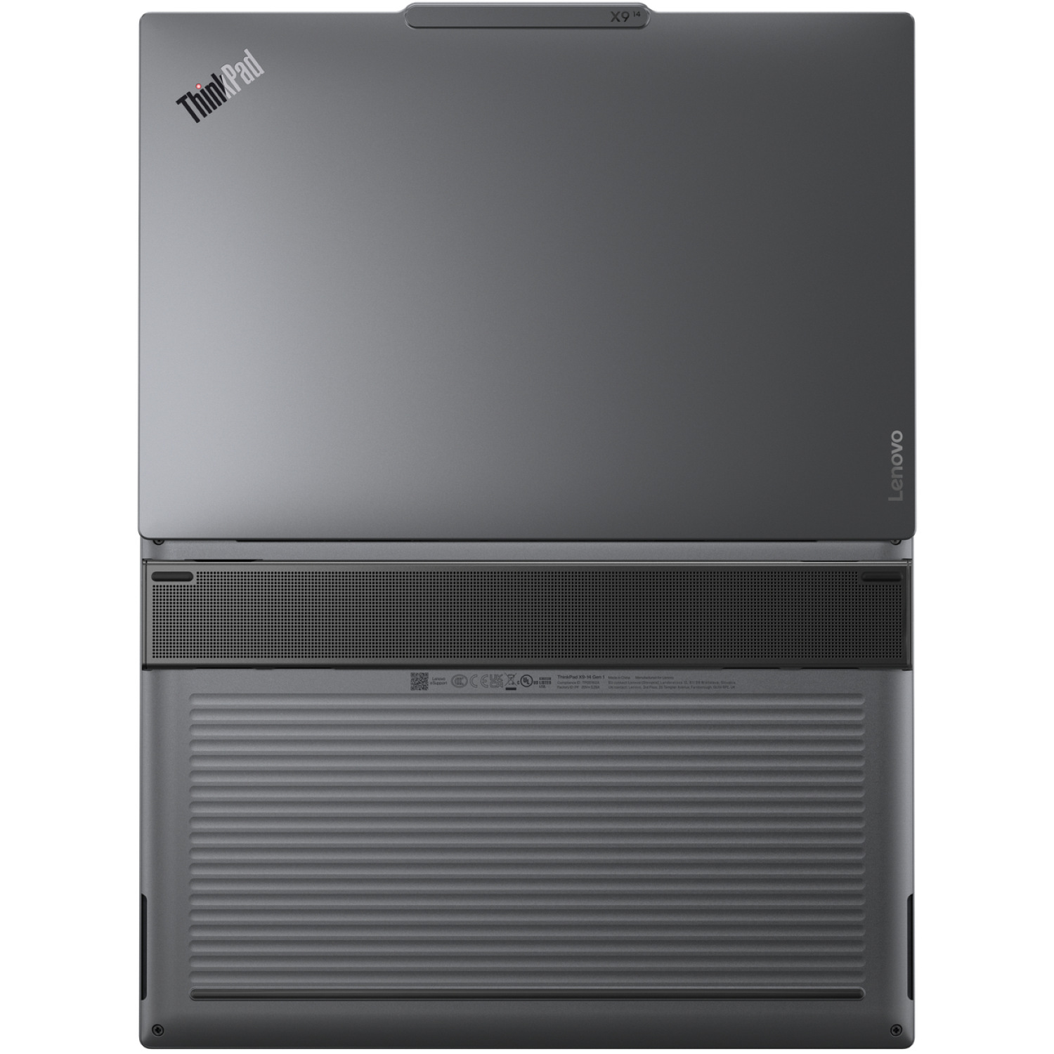 Top view of a gray Lenovo ThinkPad X1 Fold laptop. The ThinkPad logo is visible. The bottom part has horizontal lines.