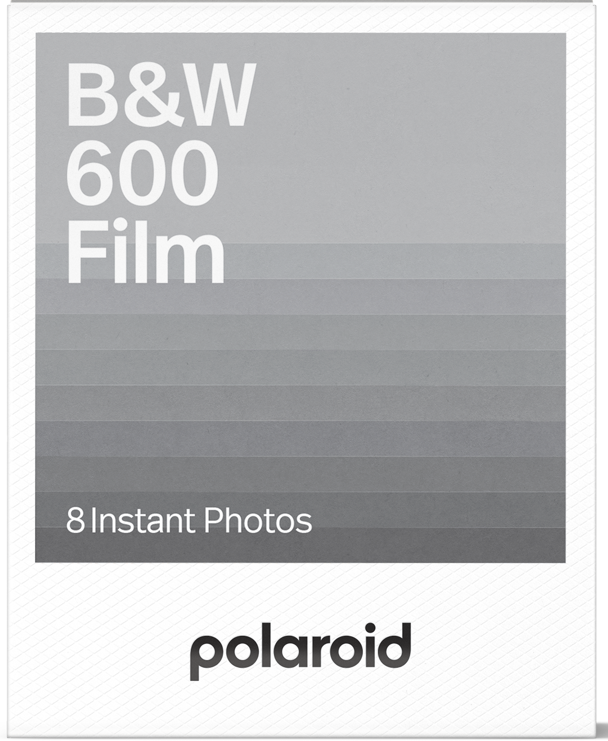 Polaroid B&W 600 Film csomag. Szürke árnyalatú gradiens, alul a márkanév.
