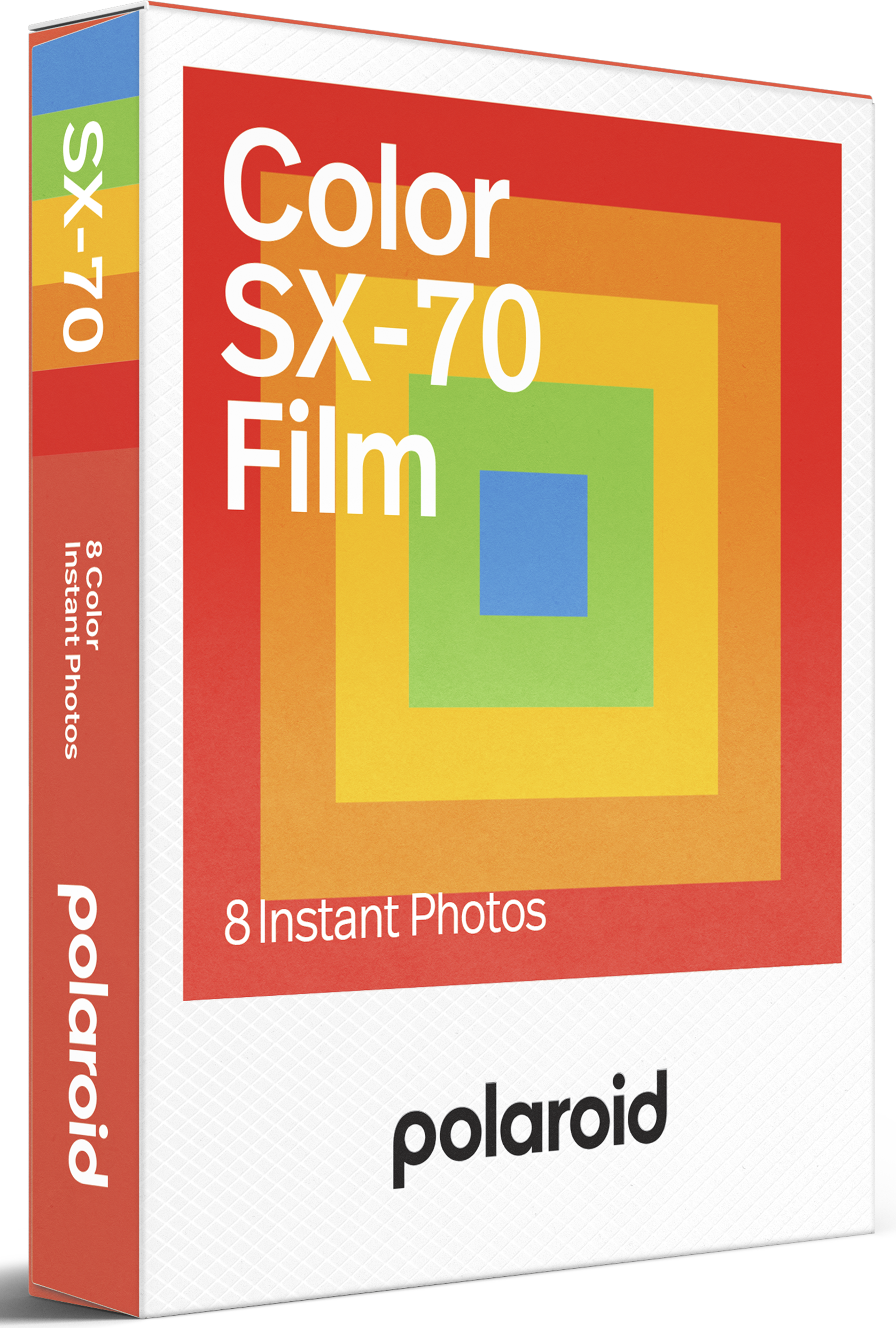 Polaroid SX-70 film doboz. Piros, narancs, sárga, zöld és kék négyzetek. Fehér szöveg: Color SX-70 Film, 8 Instant Photos.