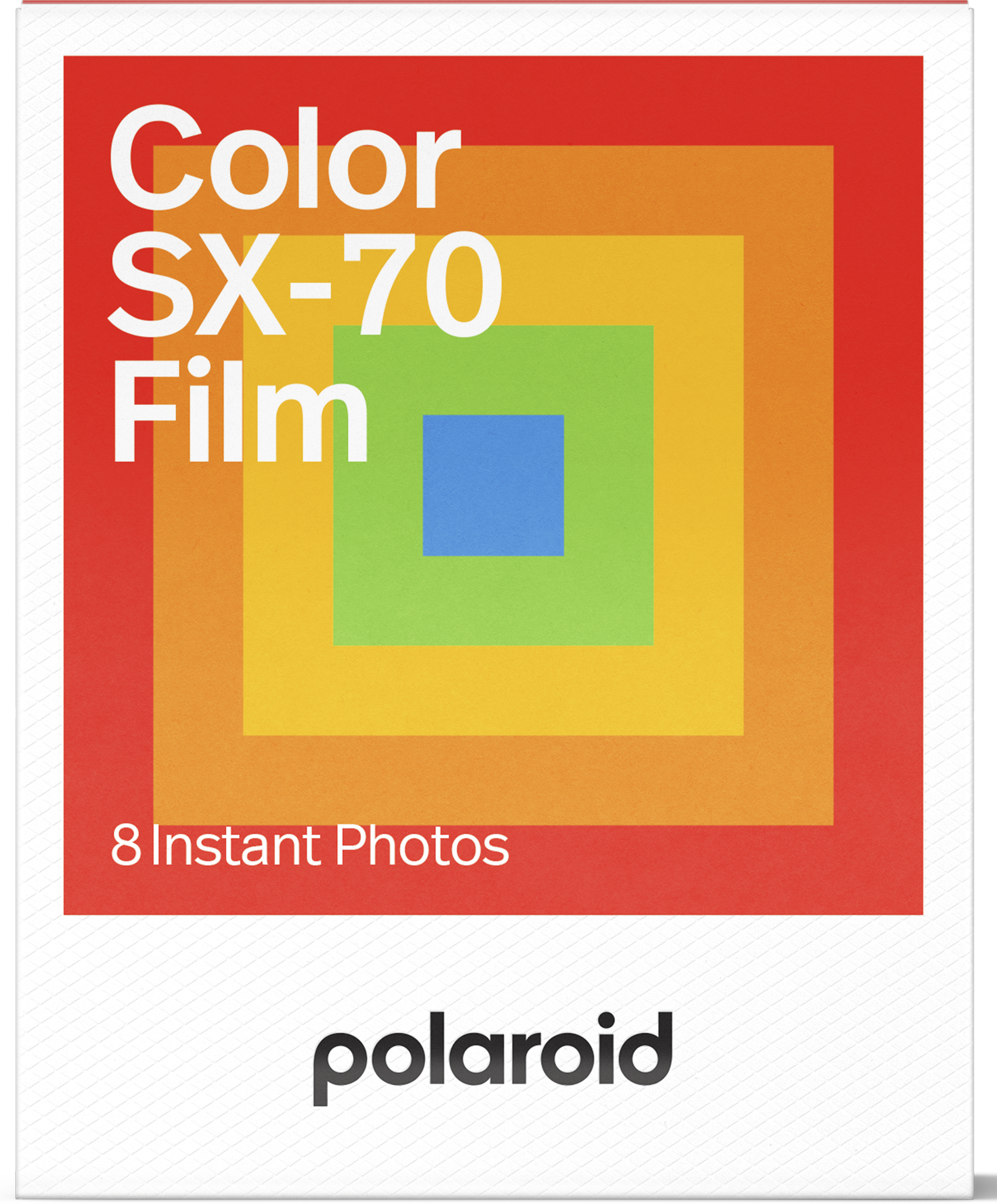 Polaroid SX-70 Film doboz. Piros, narancs, sárga, zöld és kék négyzetek. Szöveg: Color SX-70 Film. 8 azonnali fotó. Polaroid logó.