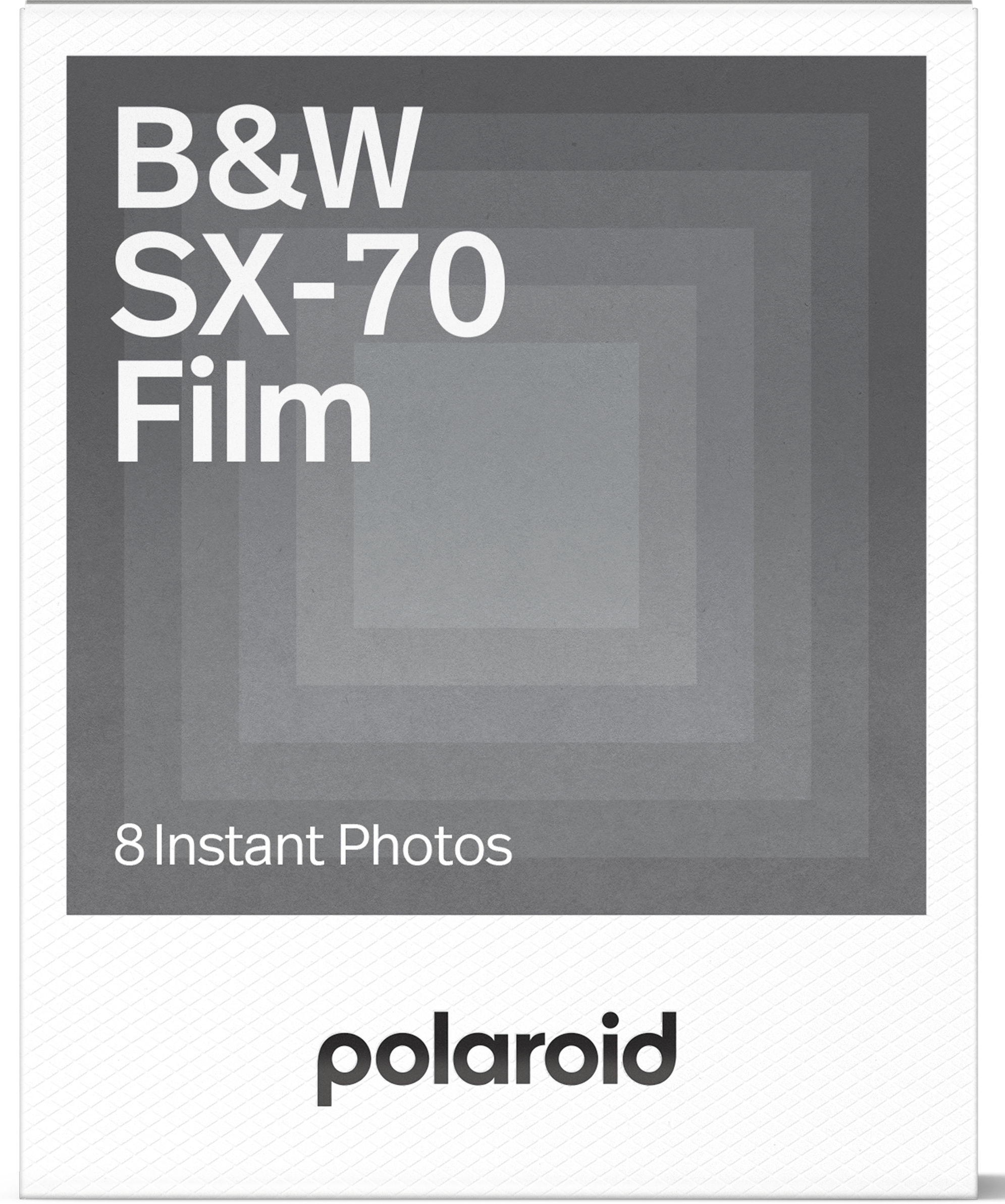 Polaroid SX-70 film doboz. Fekete-fehér film, négyzetes színátmenetes háttérrel. Polaroid logó alul.
