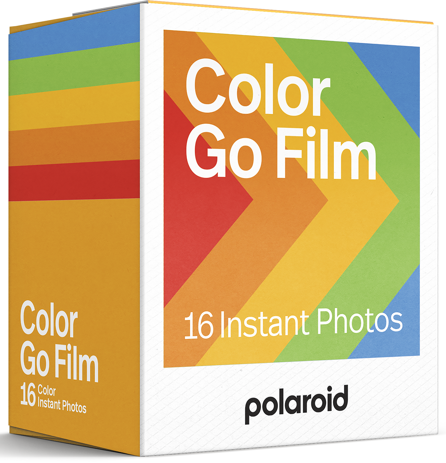 Egy Polaroid Color Go Film doboz. Szivárványos dizájnnal rendelkezik, a 'Color Go Film' és a '16 Instant Photos' feliratokkal.