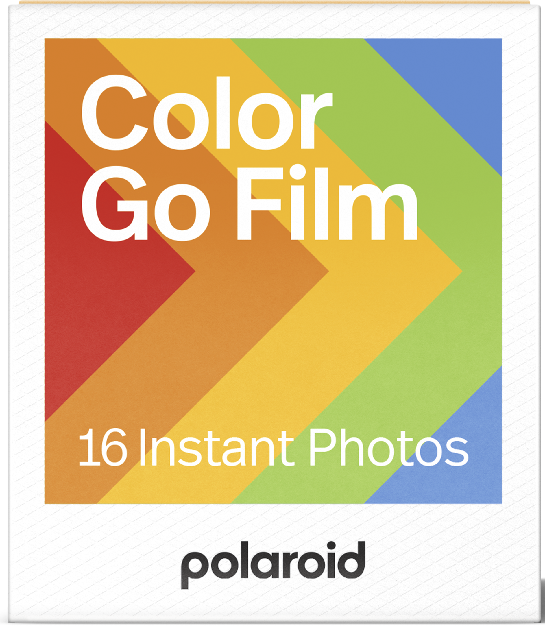 Polaroid Color Go Film doboz. Színes nyíl design, szöveggel, '16 Instant Photos' és a Polaroid logóval.